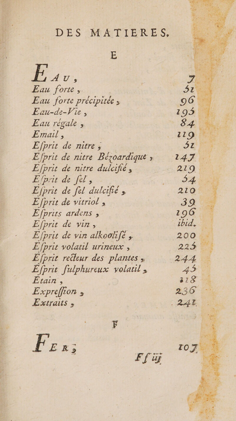 hands DE :51 À Ee 1 É “A DES =: MATTER ES: PE. Eau forte ,. Eau forte précipitée ; Eau-de-Vie, Eau régale , Email , Ejprit de nitre ; E Efprit de nitre dulcifié ; Ejprir de fl, Eforie de fel dulcifié » Efprit de vitriol , Efprits ardens Efprit de vin, Ejprit de vin alkoolfé , F Efprit volatil urineux , Efprit reileur des plantes , Efprit fulphureux volatil , Etain , Expreffion ; Extraits » Fr;