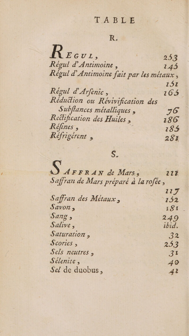 KR. R EGUL, 253 Régul d’Antimoine , 124$ Régul d'Antimoine fait par les métaux , SET Réoul d'Arfenic , 160$ Réduütion on Révivification des Subflances métalliques , 76 Reëlification des Huiles , 186 Réfines , 1 285 Réfrigérenr , 283 S. PAPE de Mars; 21È Saffran de Mars préparé à la rofée , 117 Saffran des Métaux , ‘152 Savon , 181 . Sang , 249 Salive , ibid, Saturation y FA S'cories , 253 Sels neutres , 31 Sélenite, 49