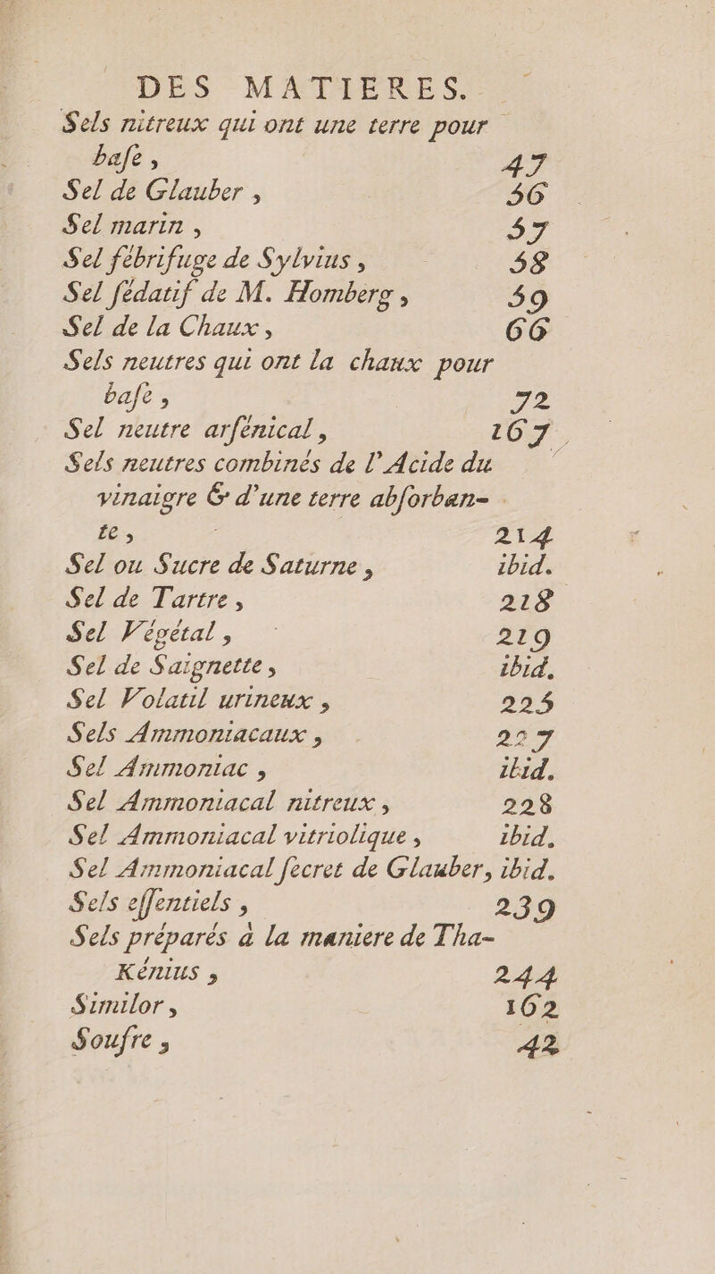 Sels nitreux qui ont une terre pour bafe ; 4J Sel de Glauber , 46 Sel marin , 27 Sel feébrifuge de Sylvius, 58 Sel fédatif de M. Homberg, 59 Sel de la Chaux, 66 Sels neutres qui ont la chaux pour ba/e 2 72 Sel neutre arfénical, 167. Sels neutres combinées de l’ Acide du vinaigre 6 d’une terre ab{orban- te, 214 Sel ou Sucre de Saturne , zbid. Sel de Tartre, 218 Sel Vépétal, 219 Sel de Saignette, ibid. Sel Volatil urineux , 224 Sels Ammoniacaux , 27 Sel Arnmontiac , ilid, Sel Arnmoniacal nitreux , 228 Sel Ammoniacal vitriolique , zbid, Sel Arnmoniacal fecret de Glauber, ibid. Sels effentiels , 239 Sels préparés à la maniere de Tha- KENIUS , 244 Szrnilor , 162