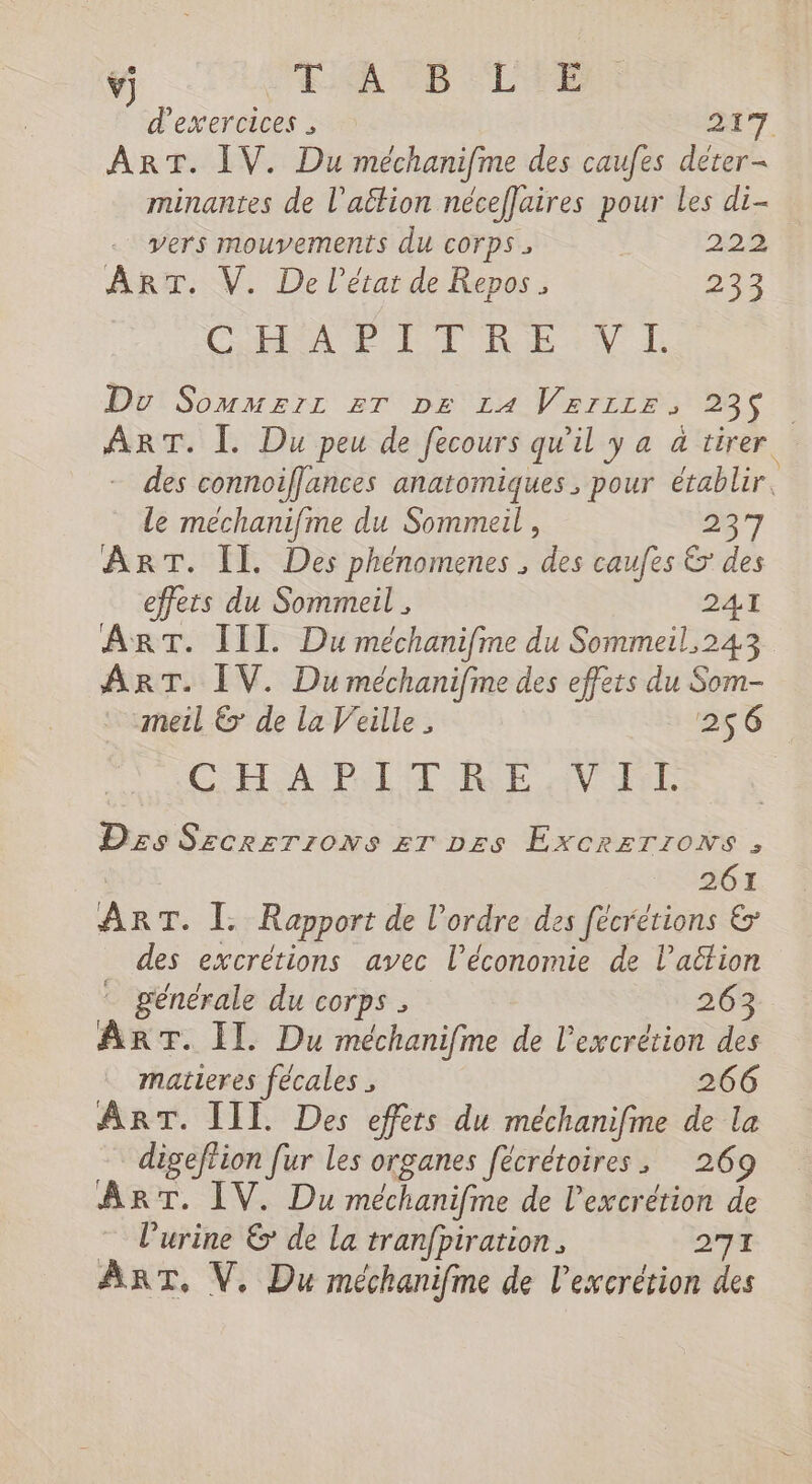 ÿ) É: A D LTÉE d'exercices , AT ART. IV. Du méchanifme des caufes déter- minantes de l'attion néceffaires pour les di- vers mouvements du corps, | 202 ART. V. De l’étar de Repos, 293 CORAN EURE eV D Do Sommzrz ET De 14 Vrrize, 23$ ART. Î. Du peu de fecours qu'il y a a tirer . Gr RL: - des connoiffances anatomiques, pour établir, le méchanifme du Sommeil , 7 ART. Îl. Des phénomenes , des caufes &amp; des effets du Sommeil , 241 ART. III. Du méchanifme du Sommeil,243 ART. [V. Du méchanifine des effets du Som- meil € de la Veille, 2$6 CELA PL RE QV Erl Dzss Szcrerrons zTr pzs ExcrerroNs, | 261 ART. [ Rapport de l’ordre des fécrétions &amp; des excrétions avec l’économie de l’aétion * générale du corps . 26 LA. e EN ° ART. Il. Du méchanifme de l’excrétion des matieres fécales , 266 ART. III Des effets du méchanifme de la digeftion fur les organes fécrétoires, 269 ART. IV. Du méchanifme de l’excrérion de Purine &amp; de la tranfpiration. 271 ART, V, Du méchanifme de l’excrétion des