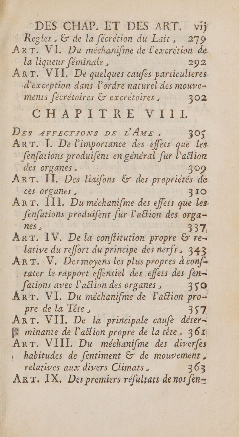 DES CHAP. ET DES ART. viÿ Regles , &amp; de la fécrétion du Lait, 279 ART. VI. Du méchanifme de l'excrétion de la liqueur féminale , 292 ART. VII. De quelques caufes particulieres exception dans l’ordre naturel des mouve- ments fécrétoires &amp; excrétoires, 302 CÉRAU LE RE. VILLE Dzs 4rrECTIONS DE L'Amr, 30 ART. [. De l'importance des effets que les fenfations produifent en général [ur l’aftion . des organes, 309 ART. IE. Des liaifons &amp; des propriétés de ces organes, 310 ART. IT. Du méchanifme des effets que les. Jenfations produifent Jur l'attion des orga- EE à 337, ART. IV. De la conflitution propre &amp; re- lative du reffort du principe des nerfs, 343 ART. V. Des moyens les plus propres a conf- tater le rapport effentiel des effets des fen- fations avec l'aétion des organes , 350 ART. VI. Du méchanifme de lation pro- pre de la Tête, 357 ART. VII De la principale caufe déter- Æ minante de l’aëlion propre de latéte, 361 ART. VIII Du méchanifme des diverfes » habitudes de fentiment &amp; de mouvement , relatives aux divers Climats , 363 ART. IX, Des premiers réfulrars de nos fen-