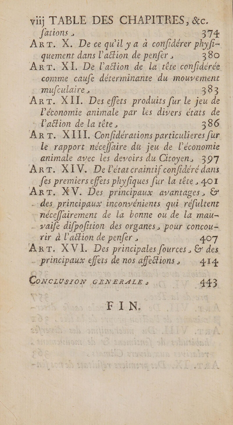 fations , | | + 74 ART. X. De ce qu’il y a a confidérer phyfi- quement dans l’atlion de penfer . 380 ART. XI. De l’aëlion de la têre confidérée comme caufe déterminante du mouvement mufculaire , 383 ART. XII. Des effets produits [ur le jeu de l’économie animale par les divers états de - V'attion de la tête, | 386. ART. XII Confidérations particulieres [ur le rapport néceffaire du jeu de l’économie animale avec les devoirs du Citoyen, 397 ART. XIV. De lérarcraintif confidéré dans fes premiers effets phyfiques fur la tête , 401 ART. XV. Des principaux avantages, &amp; -.des principaux inconvénients qui réfultent nécefflairement de la bonne ou de la mau- - vaife difpofition des organes, pour concou= rir à l’attion de penfer ; 407 ART. XVI. Des principales fources , &amp; des - principaux effeis de nos affeélions, 414 CONCLUSION GENERALE, | 443 FIN.