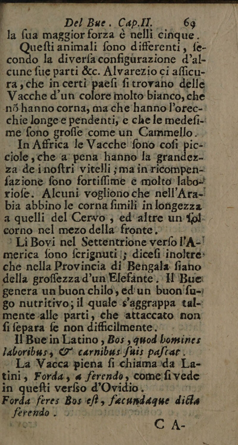 la fua maggior forza è nelli cinque. Quetfti animali fono differenti, fe- condo la diverfa configurazione d’al- «cune fue parti &amp;c. Alvarezio ci afficu- ra che incerti paefi fitrovano delle Vacche d’un colore inolto bianco, che ni hanno corna, mache hannol’orec-: chie longe:e pendenti; e che le medefi- me'fono groffe come un Cammello... In Affrica le Vacche ‘fono ‘cofi pic- ciole sche ‘a: pena hanno la ‘grander- za de.inoftri vitelli jma inricompen?= fazione fono fortiffime è molto labo= riofe: Alcuni vogliono che nell'Ara-! bia abbino le corna fimili in lorigezza a quelli del Cervo:; ‘ed‘'altre un'fol: corno nel mezo della fronte. | ©» ® Li Bovi nel Settentrione verfo l’A-' merica fono fcrignuti |} dicefi ‘inoltre: che nella Provincia di Bengala: fiano | della groffezzad’un'Elefinte’.H'Bue genera un buon chilo, ed'un buoni'fu-;) go nutritivo; il quale ‘s’aggrappa tal- mente ‘alle parti, che ‘attaccato non fi fepara fe non difficilmente. | II Bue in Latino ; Bos , quod bomines laboribusz &amp;* carnibus fuis pafcar . La Vacca piena fi chiama:da La- tini, Forda,'a ferendo, comeifived in quefti verfso d’Ovidio. ris Forda feres Bos'eft, facundague difla ferendo . © MICHOALA Lac CSA