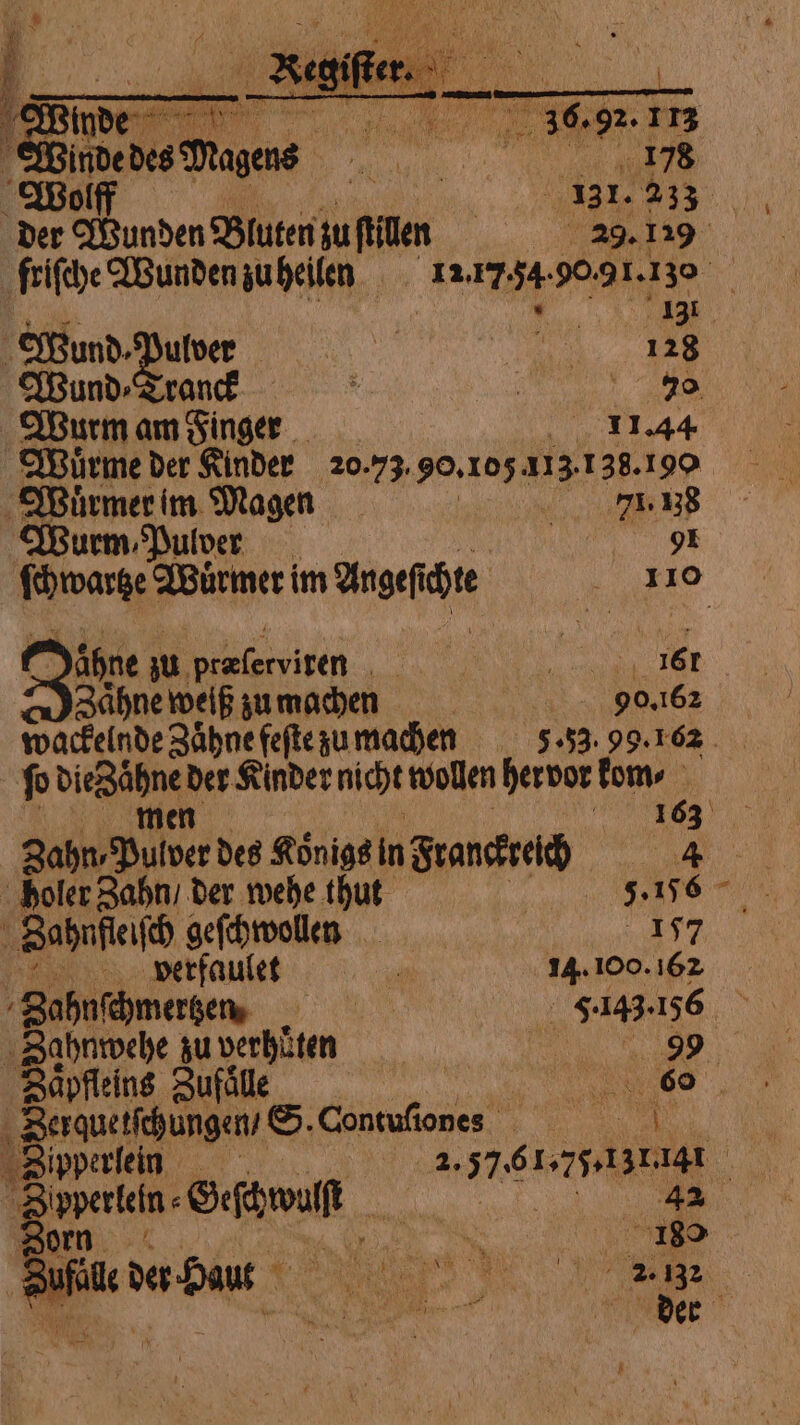 a ſo dene der Kinder nicht wollen hervor kom⸗ i | 178 g 137. 233 der er Wynden Blüten uſtllen | 29.19 friſche Wunden zu heilen at, 34.90.91. 130 | e N „ Wund ⸗Tranck i 70 Wurm am Finger 11.44 Wuͤrme der Kinder 20.73. 90. 103 413.138.190 Wuͤrmer im Magen „ e Wurm Pulver | N GE n Wuͤrmer im Angeſi de 110 Signe zu praferviren ELSE NEE a Zähne weiß zu machen 90.162 i pre Geſcwullt Zufall der Haut N 5 i Ma 2 À Zahn, Pulver des Koͤnigs in Franckreich 4 holer Zahn / der wehe thut | 5.156 ‘ Babnfleif geſchwollen 157 ae verfaulet . 14.100.162 Zahnschmerzen. Bi 5.143.156 Zahnwehe zu verhüten | „ Zaͤpfleins Zufälle 60 Zerquetſchungen / S. Ciotola ER