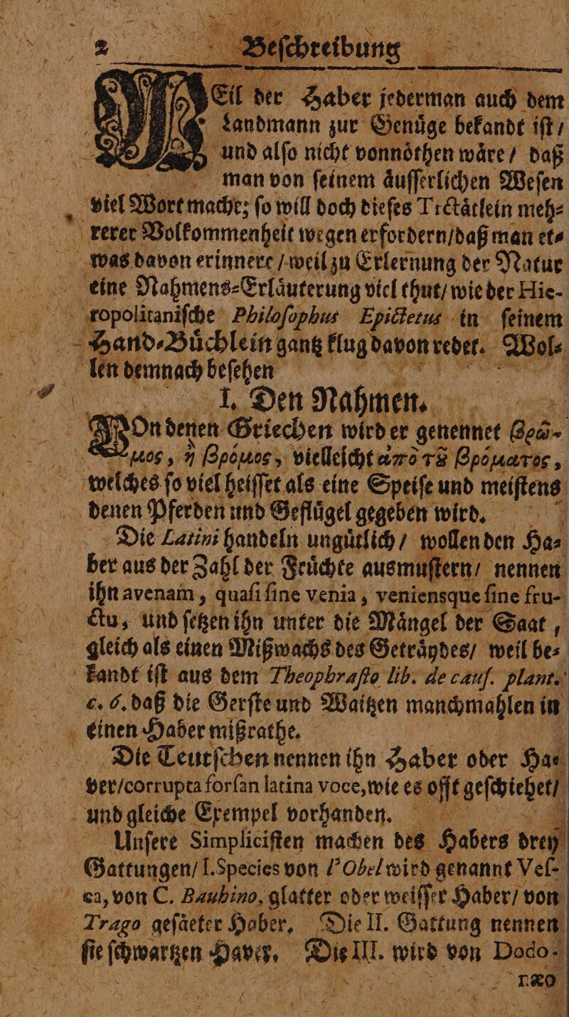 eit der Saber jo jrderman auch dem Landmann zur Genuͤge bekandt iſt / und alſo nicht vonnörhen waͤre / daß man von ſeinem aͤuſſerlichen Weſen reret Volkommeaheit wegen erfordern / daß man et⸗ was davon erinnere / weil zu Erlernung der Natur eine Nahmens⸗Erlaͤuterung viel thut / wie der Hie- e Philofophus Epittetus in feinem È and⸗Buͤchlein gantz klug davon; e Wol⸗ demnach beſehen 1 I, Den Nahmen. „„ N on denen Griechen wird er genennet ob. 20s Hybluss, vielleicht ae 78 Cpéuares, vlc fo viel heiſſet als eine Speiſe und meiſtens denen Pferden und Geflügel gegeben wird. 4 Die Latini handeln unguͤtlich / wollen den Has ber aus der Zahl der Fruͤchte ausmuſtern / nennen ihn avenam, quafifine venia, veniensque fine fru- cu, und feßen ihn unter die Mängel der Saat, gleich als einen Miß wachs des Getraͤydes / weil bes kandt iſt aus dem Theophrafle lib. de can. plants: einen Haber mißrathe. a Die Teutſchen nennen ihn Haber ober Hav “pet/corrupea fortin latina voce, wie es oft geſchiehet / R und gleiche Exempel vorhanden. Unſere Simpliciſten machen des Habers Ne Gattungen / L. Species von ! Obel wird genannt Vel. Trago gefaeter Haber. Die II. Gattung nennen A ng 2 Bit. wied von Dodo Teo, om. È