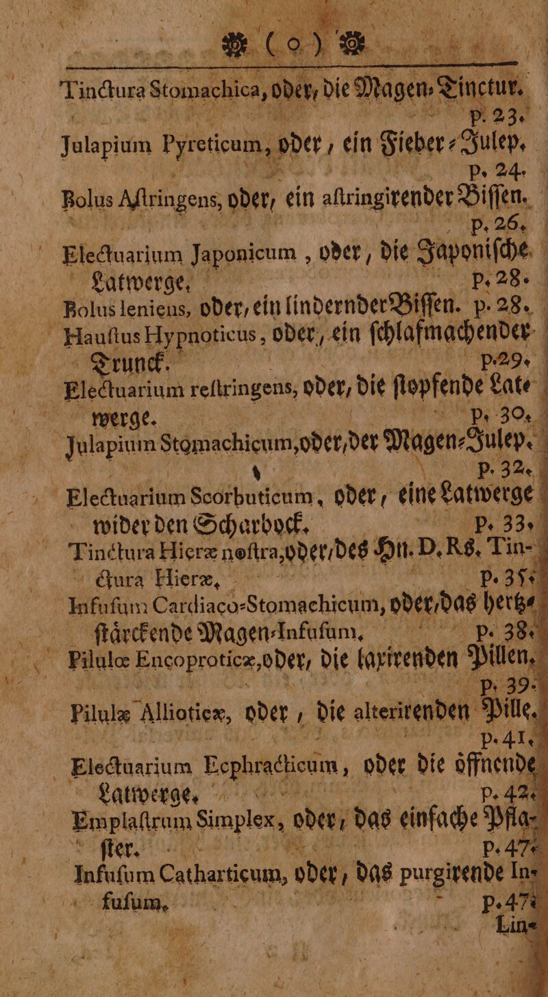 Tindur Stomachica y ob die 9 ae Tinea, is pe 23% Niete Pyreicum, ode, ein Fieber⸗ Sule, - | ra Ps 24. Bolus Miringens, oder, ein altringirender Biſſen. eee, Eledtuarinm Japonicum , oder, die Japoniſche i Latwerge, p. 28. Bolus leniens, oder, ein lindernder Biffen. p. 28. : Hauſtus Hypnoticus, oder, ein n | 8 rund. ns reftringens, oder, die ſopfende Late : è ree MEV GO, o pf, 30. N Julapium tenia oder der Magen⸗Julep. i * N P. 32. j i Blasien Scorbuticum, oder, ! i wider den Scharbock. ; Tinétura Hieræ noftr woder / des On. D. RG, tin | ura lier, 97 a I Cardiaco: Stomachicum, oder / das to ſtaͤrckende Magen⸗Infufum. IT See N Pilule Eucoproties, oder, die tarirenden Pillen, Pilule Alioter, oder die alteritenden Pille. e ee i Eleduariurs Eephradisim, oder die ser | Latwerge. ih, i Bplay pi Simplon, oder, das dink ag En } ni 2 bi Sh