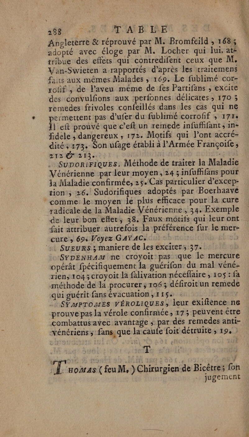 568 © 42 À AT'AÏB. IGE Angleterre &amp; réprouvé par M. Bromfeild ; 168% adopté avec éloge par M. Locher qui lui. até tribue des effets qui contredifent ceux que M. Van-Swieten a-rapportés d’après les traitemens faits aux mêmes Malades , 169. Le fublimé cor- rofif , de l’aveu même de fes Partifans , excite des convulfons ‘aux :perfonnes délicates ; 170 3 remedes frivoles confeillés dans les cas qui ne permettent pas d’ufer du fublimé corroff ; 177 11 eft prouvé que c’eft un remede infufhfant ; in- fidele ; dangereux ; 172. Motifs qui l'ont accré- dité, 173. Son ufage établi à l'Armée Françoife ; 212 @' 213. | | Sunoririques, Méthode de traiter la Maladie Vénérienne par leur moyen, 24 ; infufhfans pour 1a Maladie confirmée, 25. Cas particulier d’excep- tion; 26. Sudorifiques adoptés par Boerhaave comme: le moyen le plus efficace pour la cure radicale de la Maladie Vénérienne , 34. Exemple &amp;e leur bon eflet, 38. Faux motifs qui leur ont {ait attribuer autrefois la préférence fur le mer- cure, 694 Voyez GAY AC. ‘+ SuEuRs ; maniere de les exciters 37. SYDENHAM ne croyoit pas que le mercure opérât fpécifiquement la guérifon du mal véné- rien, 1043croyoit la falivation néceflaire , 105 : fa méthode de la procurer ; 1063 défiroit un remede qui guérit fans évacuation, 115% | SYMPTOZES VÉROLIQUES, leur exiftence ne prouve pas la vérole confirmée, 173 peuvent être combattusavec avantage ; par des remedes anti- vénériens ; fans, que la caufe foit détruite ; 19, | af Tux 2s{fuM,) Chirurgien de Bicètres fon jugement