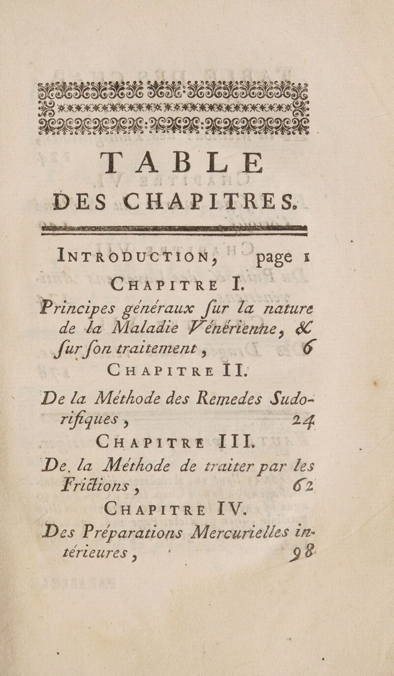 INTRODUCTION, | page f nd 2 Vide AU Principes généraux Jar la nature de la Maladie Vé es &amp; Jer fon traitement, 6 CHAPITRE II. De la Methode des THERE Sudo- rifiques , 24 CHAPITRE IIL De. la Méthode de craiter par les Fridions , 62 CHAPITRE IV. Des Préparations Mercurielles in. AITÉRTES 0 4 98