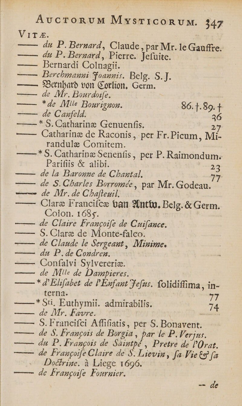 Vir x. du P. Bernard, Claude , par Mr. le Gauffre. du P. Bernard, Pierre. Jefuitc. | ——— Bernardi Colnagii. —— — Berchmanni oasnis. Belg. S.J. —— $Sdnbarb von Gorlion, Germ. —— de Mr. Bourdoife. ; —— *de Mite Bouriguon. 96.1.89. 1 de Caufeld. 36 * 9. Catharinze Genuenfis. 27 ——— Catharing de Raconis , per Fr. Picum, Mi- randule Comitem. * 5. Catharing Senenfis, per P. Raimondum. Parifiis &amp; alibi. 23 de la Baronuze de Chantal. 77 de S. Charles Borromée, par Mr. Godeau. —— de Mr. de Cbaflezil. ——— Clare Francifce tan 20nttg, Belg. &amp; Germ. Colon. 1685. — de Claire Frangoife de Cuifauce. ——— 95. Clare de Monte-falco. ——— de Claude le Sergeagt, Minime. da P.de Condrea. Confalvi Sylvereriz. de Mile de Dampieres. *d'Elfabet de PEsfant efus. folidiffima, in- terna. d *5ti, Euthymii. admirabilis. 74 de Mr. Favre. -— ——— S. Francifci Affifiatis, per S. Bonavent. ——— de S. Francois de Borgia, par le P.Verjus. - du P. Frangois de Saintpé , Pretre de l'Ürat. ——— de Fraugoife Claire de S. Lievim y fa.Vie&amp;9 fa e Decfrige. à Liege 1696. f —— de Fraugoife Fournier.