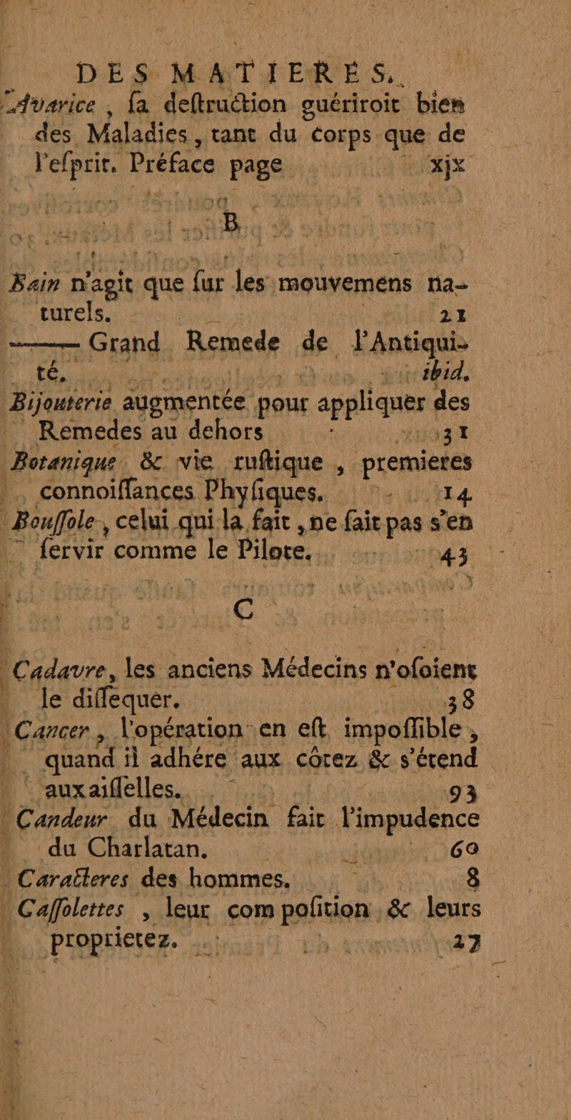 DES. MATIERE S. Avarice , fa deftruétion guériroit bien des Maladies, tant du corps que de SPA Préface 7 PRES xx Fin n'agit ne far les: mouvemens na- turels. 21 = Grand Remede Le PAntiqui> F0, | à 1 spid, Bijouterie augmentée pour appliquer des Remedes au dehors | HIASE Botanique &amp;c vie tuftique , premieres |. connoiffances Phyfiques, 14 Fier celui qui la fait ,ne fait pas s’en À fervir comme PE Pilote, RPM PRESS les anciens ce n° ’ofoient le diffequér. 38 Cancer l'opération en eft, impoffible , quand i il adhére aux corez &amp; s ’érend ‘ auxaïfelles. , R 93 Candeur. du Médecin fait l'impudence du Charlatan. bte 36 a | Caraëleres des hommes, 1 8 | Caffoletes , leur com pat tion .&amp; leurs PARIS ini Li.4 27