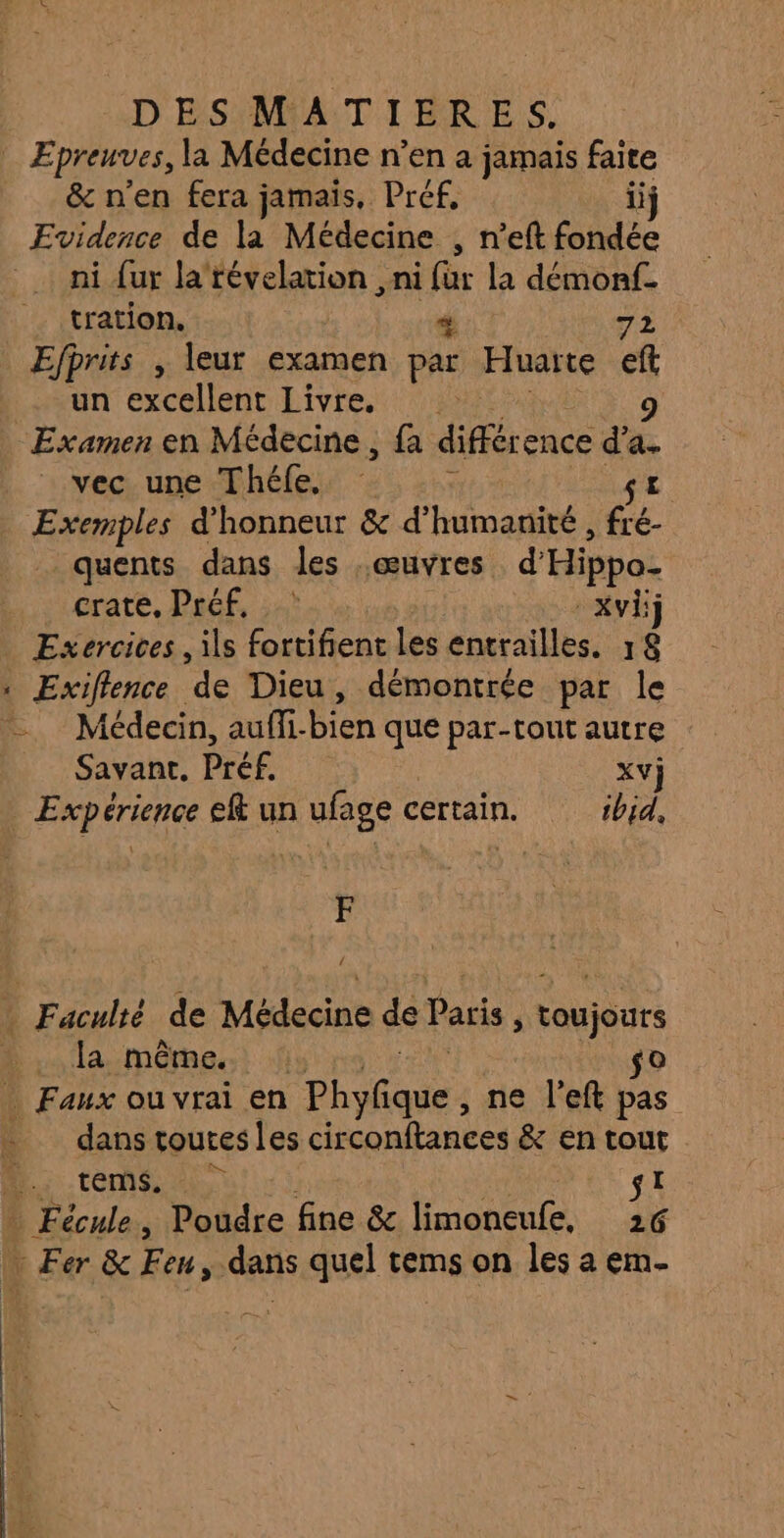 _ Epreuves, la Médecine n’en a jamais faite &amp; n’en fera jamais, Préf, il Evidence de la Médecine , n’eft fondée ni {ur la’révelation ni far la démonf- tration. + 72 Efprits , leur examen par Huarte eft un excellent Livre 9 Examen en Médecine, fa différ ence d'a. vec une Thélfe, # : st Exemples d honneur &amp; d'humanité , ge quents dans les œuvres d’ Hippo- crate, Préf, : Xviij _ Exercices , ils fortifient les entrailles. 18 x Exiflence ‘de Dieu, démontrée par le = Médecin, auffi-bien que par-tout autre Savant, Pré. xvj Expérience et un ufage certain. ibid, F E Céculié de Médecine de Paris ? Loujours … a.-même.. x O . Faux ou vrai en Phyfane- ne l'eft pas dans toutes les Girconitances &amp; en tout D CONS AE st * Fécule , Poudre fine &amp; Fe 26 … Fer &amp; Feu, dans quel tems on les a em-
