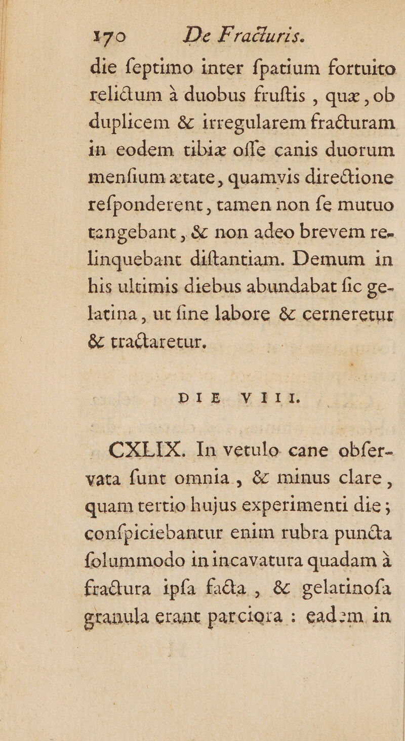 die feptimo inter fpatium fortuito relidum à duobus fruftis , qux , ob duplicem &amp; irregularem fracturam in eodem tibix offe canis duorum menfium atate, quamvis directione refponderent, camen non fe mutuo angebant , &amp; non adeo brevem re- linquebant diftantiam. Demum in his ultimis diebus abundabat fic ge- latina , ut fine labore &amp; cerneretur &amp; tractaretur. DIE VIII. « CXLIX. In vetulo cane obfer- vata funt omnia , &amp; minus clare, quam tertio hujus experimenti die ; confpiciebantur enim rubra pun&amp;a íolummodo in incavatura quadam à fradura ipfa fada , &amp; gelatinofa granula erant parciora : ead zm in