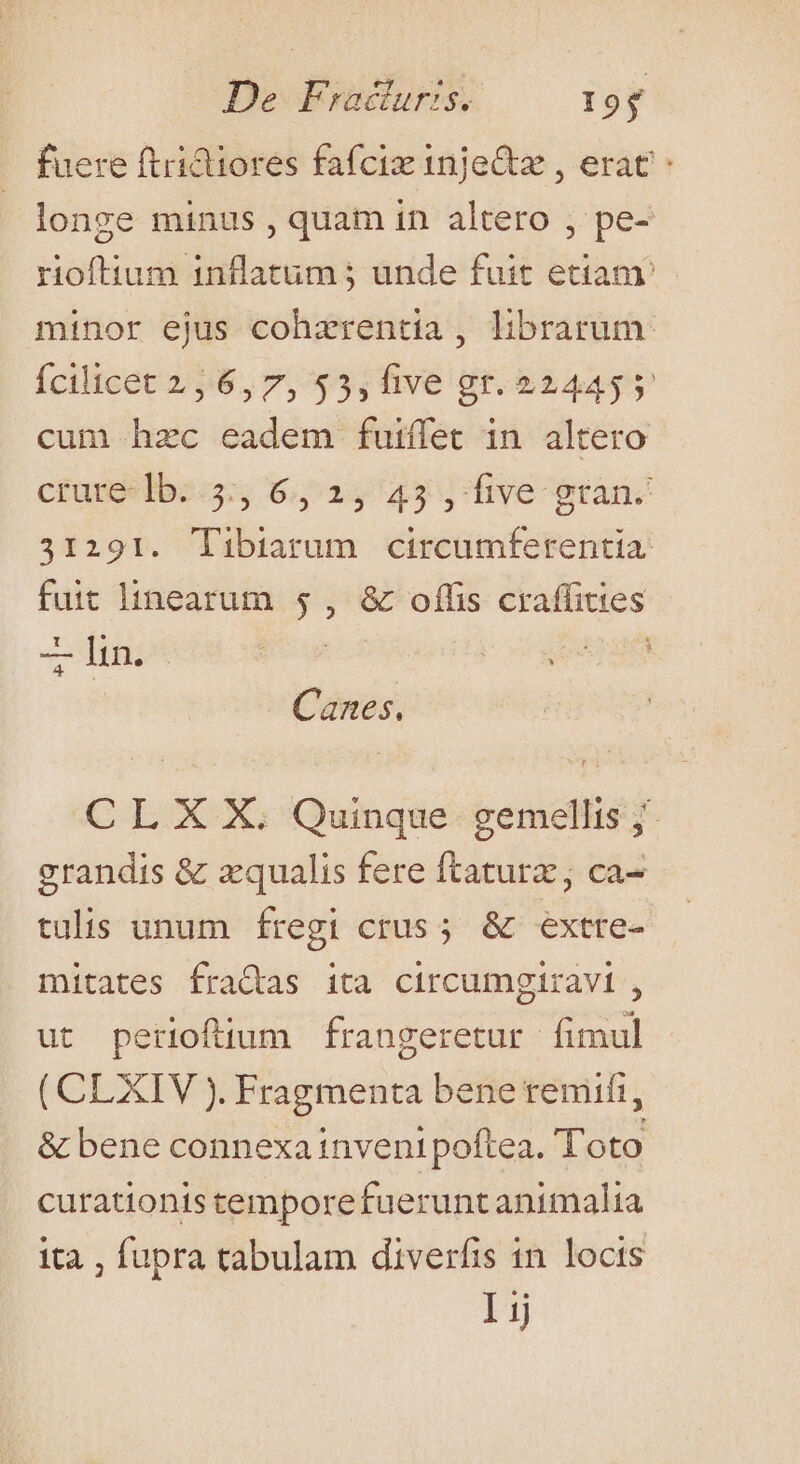 fuere ftridiores fafciz inje&amp;z , erat : longe minus , quam in altero , pe- rioftium inflatum 5 unde fuit etiam minor ejus cohzrentia , librarum. Ícilicet 2,6,7, $3, five gr. 524455 cum hzc eadem fuiffet in altero crure*1b:.5:; 6,24 453 five $ran- 31291. Tibiarum circumferentia: fuit linearum 5 , &amp; offis craffities 1 fe | j ; : g^ lin. | E E Canes, CLXSX. Quinque gemellis j- grandis &amp; xqualis fere ftaturz; ca- tulis unum fregi crus; &amp; extre- mitates fradas ita circumgiravi , ut perioftium frangeretur fimul ( CLXIV ). Fragmenta bene remifi, &amp; bene connexainvenipoftea. Toto curationis tempore fueruntanimalia ita , fupra tabulam diverfis in locis Iij