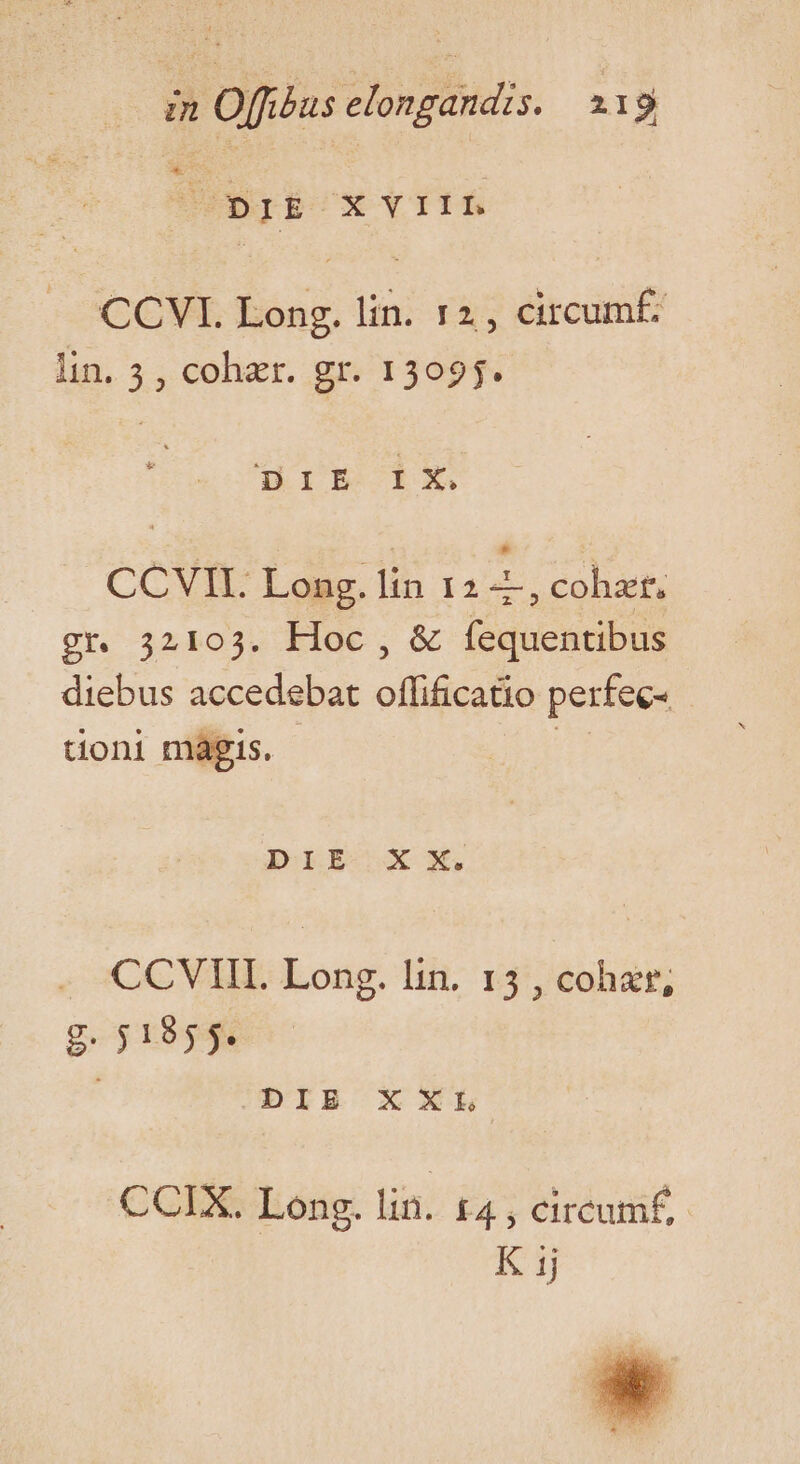 DEBPox *vTIf CCVE. Long. lin. 12, circum£. lin. 5 , cohzr. gr. 13095. ulEdYX CCVII. Long. lin 12 4, cohzts gr. 32103. Hoc , &amp; fequentibus diebus accedebat offificatio perfec- tioni mágis. | DIE. XX CCVIH. Long. lin. 15 , cohzr, g. $1855. ; DIE XXE CCIX. Long. lin. £4 , circumf,. K ij