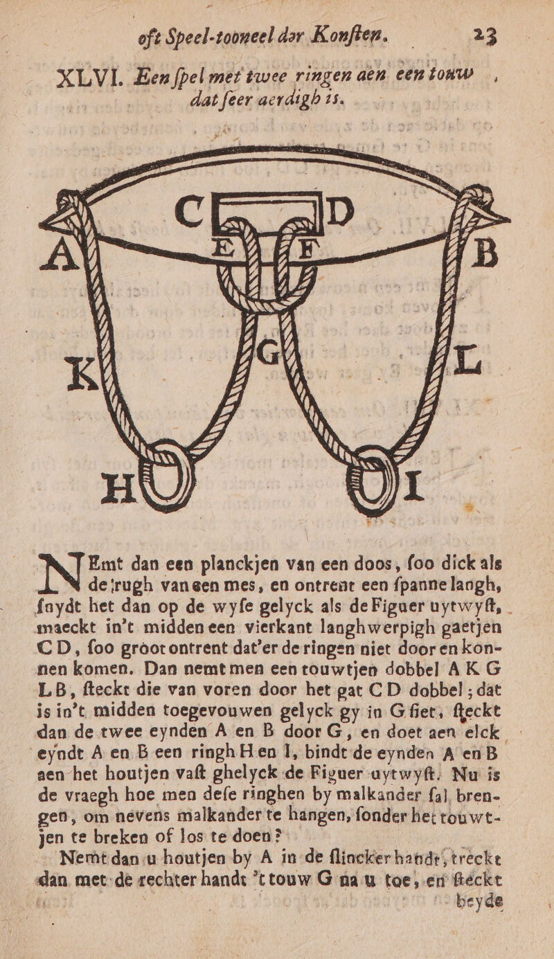 XLVI Ben fpelmet twee ringen aèn eentonw , dat feer aerdigh is. in in dan een planckjen van een doos, foo dick als de;rugh vangen mes, en ontrent een {panne langh, faydt het dan op de wyfe gelyck als de Figuer uytwyft, maeckt in't middeneen vierkant langhwerpigh gaetjen CD, foo gròot ontrent dat’er de ringen niet door en kon- nen komen. Dan nemt men een touwtjen dobbel AK G LB, fteckt die van voren door het gat CD dobbe! ; dat is in’t midden toegevouwen gelyck gy in Gfiet, feckt dan de twee eynden A en B door G, en doet aen elck eyadt A en Been ringh Hen 1, bindt de eynden A en B aen het houtjen vaft ghelyck de Figuer uytwyft. Nu is de vraegh hoe men defe ringhen by malkander fa), bren- gen, om nevens malkander te hangen, fonder het rouwt- jen te breken of los te doen? … Nemtdan/u houtjen by A inde flincker handt,trecke dan met-de rechter hande ’t touw G nau toe, er feckt bi | | | beyde