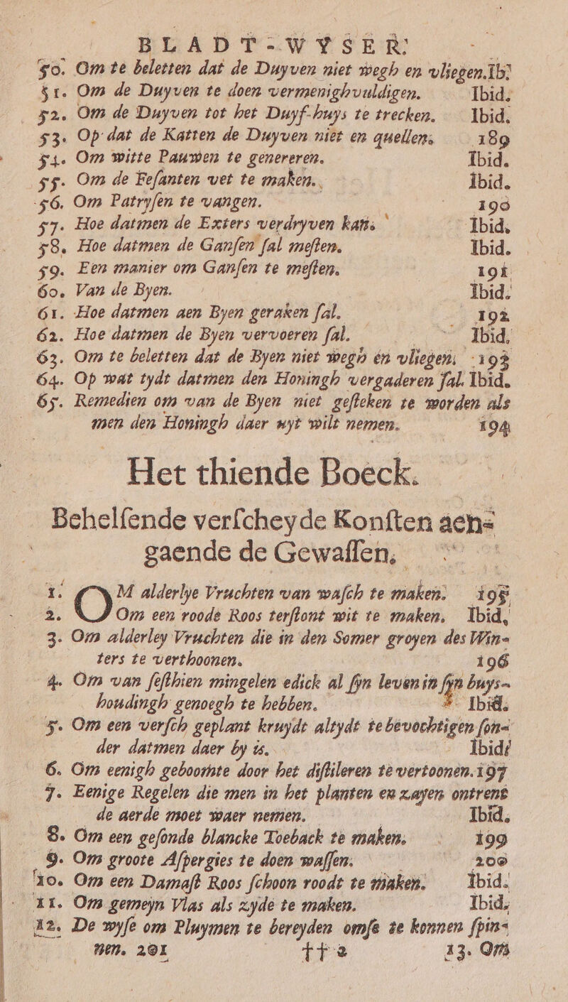 So. Om te beletten dat de Duyven niet wegh en vliegen. Ib} Sr. Om de Duyven te doen vermenighvuldigen. Ibid, 52. Om de Duyven tot het Duyf-huys te trecken. __ Ibid. 53. Opdat de Katten de Duyven niet en quellen, 189 F4. Om witte Paumen te genereren. Ïbid. ss. Om de Fefanten vet te maken. Äbid. 56. Om Patryfen te vangen. | “499 57. Hoe datmen de Exters verdryven kans Ibid, 58. Hoe datmen de Ganfen fal meften. Ibid. 59. Een manier om Ganfen te meften, 19k 6o. Van de Byen. Ibid. 61. Hoe datmen aen Byen geraken fal, a der 62. Hoe daten de Byen vervoeren fal. Ad, 63. Om te beletten dat de Byen niet wegn én vliegen: 19% 64. Op wat tydt datrmen den Honingh vergaderen fal. Ibid, 65. Remedien om van de Byen niet gefleken te worden als men den Honingh daer nyt wilt nemen. 194 _ Het thiende Boeck. Behelfende verfcheyde Konften aen= gaende de Gewaflen, © 1 M alderlje Vruchten van wafch te maken. 198 Ê. Oms een roode Roos terflont wit te maken, Ibid, 3. Om alderley Vruchten die in den Somer groyen des Win= ters te verthoonen. 196 4. Om van fefthien mingelen edick al fyn levenin hp buyse houdingh genoegh te hebben. * Ibid, 5. Om een verfch geplant kruydt altydt te bevochtigen fon= der datmen daer by ús. …_ Ìbid/ 6. Om eenigh geboorte door het difdileren tè vertoonen. i97 7. Eenige Regelen die men in het planten en zayen ontrent _de aerde moet waer nemen. | Ibid, 8. Om een gefonde blancke Toeback te maken; …— 199 _9. Oms groote Afpergies te doen maffen. 208 zo. Oms een Damaft Roos fchoon roodt te wiünken. __ Îbid. Er. Om gemeyn Vlas als zyde te maken. Ibid, 2. De woyfe om Pluymen se bereyden omfe te konnen fpins Hen, 201 fte 13. Om