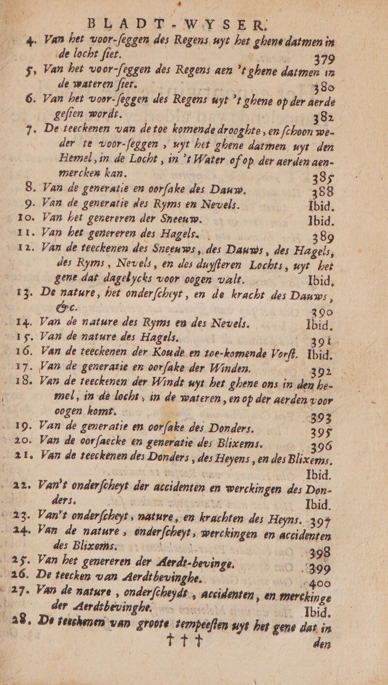 BLADE. WISE R 4. Van het voor-foggen des Regens uyt het ghene datmen in de locht fiet. NER 379 5, Van het voor-feggen des Regens aen *t ghene datmen in de wateren fret. 380 6. Van het voor-foggen des Regens uyt °t ghene op der aerde geften wordt. / 382 7. De teeckenen van de toe komende drooghto „en fchoon we- der te voor-feggen , uyt het ghene datmen uyt den Hemel ‚in de Locht , in ’t Water of op der aerden aen- mercken kan. 395 8. Van de generatie en oorfake des Dauw. 358 9. Van de generatie des Ryms en Nevels. Ibid. to. Van het genereren der Sneeuw. Ibid. 11. Van het genereren des Hagels. 389 12. Van de teeckenen des Sneeuws, des Dauws , des Hagels, des Ryms, Nevels, en des duyfteren Lochts, uyt het gene dat dagelycks voor oogen valt. Ibid, 13. De nature, het onderfcheyt, en de kracht des Dauws, Gre. 390 Ig. Van de nature des Ryms en des Nevels. Ibid, 15. Van de nature des Hagels. aattade 16, Van de teeckenen der Koude en toe-komende orft. Ibid. 392 18. Van de teeckenen der Windt uyt het ghene ons in den he- mel, in dè locht, in de sateren „en op der aerden voor oogen komt. 393 20. Van de oorfaecke en generatie des Blixems. Ibid. ders. Ibid. 24. Van de nature „ onderfcheyt, werckingen en accidenten des Blixems. - 398 25. Van het genereren der Aerds-bevinge, &gt; 399 26. De teecken van Aerdtbevinghe, | 0 400 ge der Aerdsbevinghe. Ibid. den