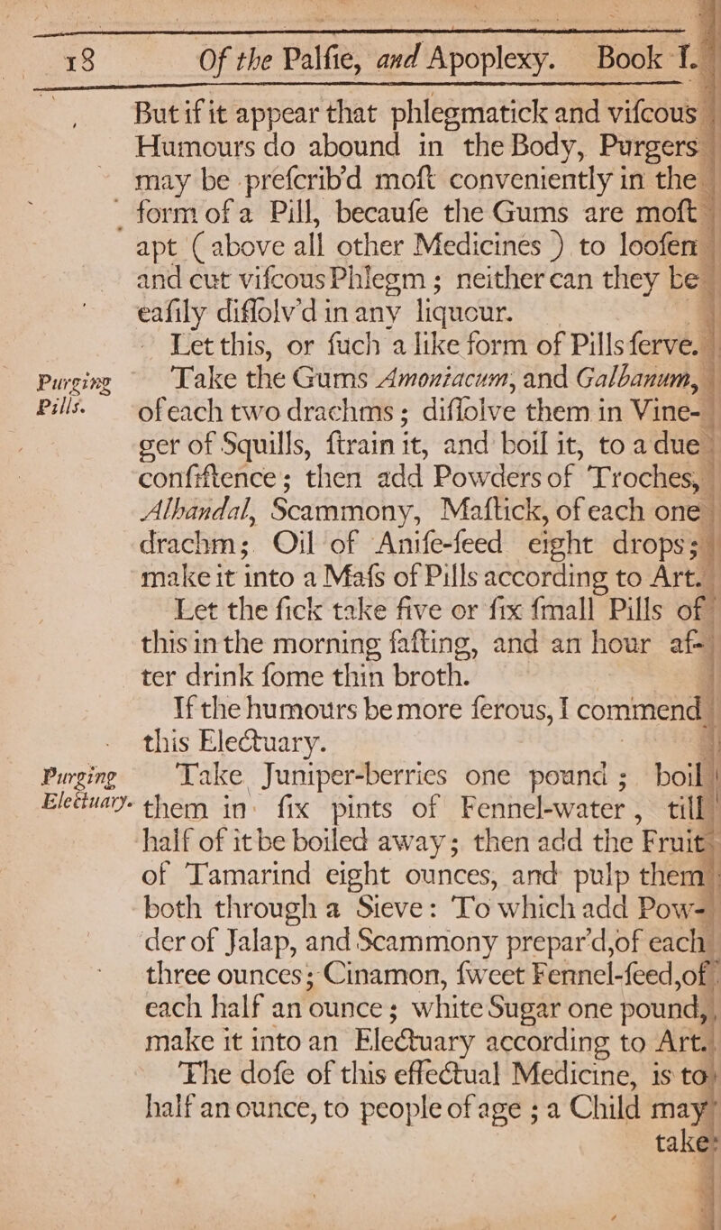 is as) Purging Pills. Purging Eleéttuary. | Of the Palfie, and Apoplexy. Bose ue But if it appear that phiegmatick and vifcous : Humours do abound in the Body, Purgers may be prefcrib'd moft conveniently in the — apt (above all other Medicines ) to loofen and cut vifcous Phiegm ; neither can they be | eafily diffolv’d in any liquour. | Let this, or fuch a like form of Pills ferve. | Take the Gums Amoniacum, and Galbanum, ofeach two drachms ; diffolve them in Vine- | ger of Squills, (train i it, and boil it, toa due confrftence ; then add Powders of Tea Alhandal, Scammony, Mattick, of each one | drachm3 Oil of Anife-feed eight drops 5. make it into a Mafs of Pills according to Art. I Let the fick take five or fix {mall Pills of thisinthe morning fafting, and an hour af ter drink fome thin broth. If the humours be more ferous, I onan i this Electuary. Take Juniper-berries one pound ; boil | them in: fix pints of Fennel-water , till half of itbe boiled away; then add the Fruit. of Tamarind eight ounces, and pulp them both through a Sieve: To ‘which add Pow= | der of Jalap, and Scammony prepar'd,of each” three ounces; Cinamon, {weet Fennel-feed of. each half an ounce ; white Sugar one pound, make it intoan E le€uary according to Art. The dofe of this effectual Medicine, is to half an ounce, to people of age ; a Child may” take