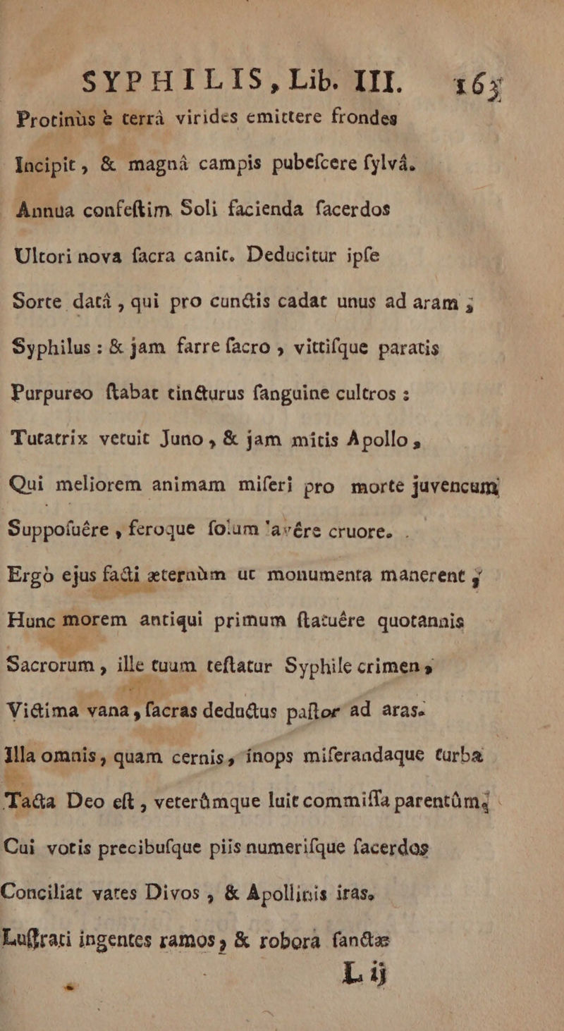 4 Protinus &amp; terrà virides emittere frondes Incipit, &amp; magná campis pubefcere fylvá. Annua confeftim Soli facienda facerdos Ultori nova facra canit. Deducitur ipfe Sorte datá , qui pro cun&amp;is cadat unus ad aram ; Syphilus : &amp; jam farre facro , vittifque paratis Purpureo ftabat tin&amp;urus fanguine cultros : Tutatrix vetuit Juno , &amp; jam mitis Apollo, Qui meliorem animam miferi pro morte juvencum Suppofuére , feroque folum 'avére cruore. . Ergo ejus fagi | eterahm ut monumenta manerent ÿ Hunc morem antiqui primum ftatuêre quotannis | a. Y a Sacrorum , RA teflatar. Syphile crimen s Vi&amp;ima ho facras dedu&amp;us paftor ad aras. Illa omais, quam cernis, ínops miferaadaque turba e. Taëa Deo eft , veterimque luit commifla parentümé : Cui votis precibufque piis numerifque facerdos Conciliat vates Divos , &amp; Apollinis iras, Luffrati ingentes ramos &amp; robora fanda Li Ld
