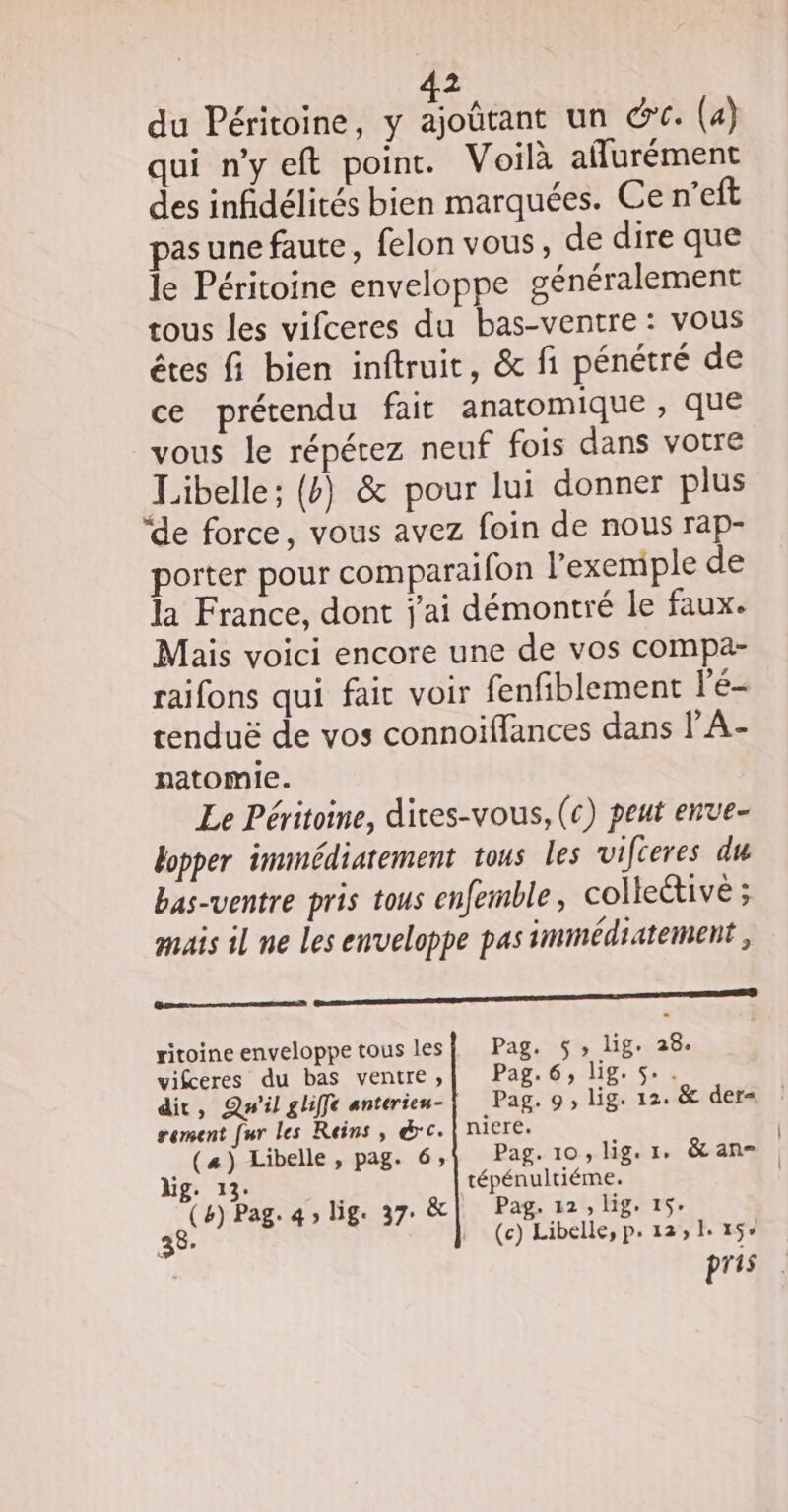 du Péritoine, y FSU un &amp;. (4) qui n'y eft point. Voilà aflurément des infidélités bien marquées. Ce n’eft pas une faute, felon vous, de dire que le Péritoine enveloppe généralement tous les vifceres du bas-ventre : vous êtes fi bien inftruit, &amp; fi pénétré de ce prétendu fait anatomique , que vous le répérez neuf fois dans votre Libelle; (b) &amp; pour lui donner plus “de force, vous avez foin de nous rap- porter pour comparaifon l'exemple de la France, dont j'ai démontré le faux. Mais voici encore une de vos compa- raifons qui fair voir fenfiblement l'é- tenduë de vos connoiffances dans l’A- natomie. Le Péritoine, dites-vous, (c) peut enve- bopper immédiatement tous les vifceres du bas-ventre pris tous enfemble, collective ; mais il ne Les enveloppe pas immédiatement, En ritoine enveloppe tous les] Pag. s, lig. 28. viferes du bas ventre ,| Pag.6, lig. 5.. dit, Qw'il gliffe anterieu- | Pag. 9; lig. 12. &amp; der rement [ur les Rains, &amp;c. niere. (#) Libelle, pag. 6,] Pag-10; lig.1, &amp;an= lg. 13. tépénultiéme. (8) Pag. 4) lg. 37: &amp; Pag. 12 » lige 15° 38- . (ce) Libelle,p. 12,1. 15° pris