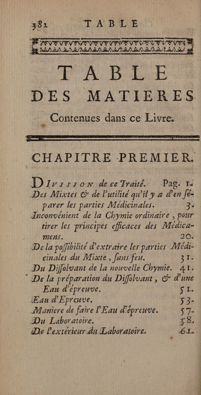 CHAPITRE PREMIER. Dirzsron dece Traité. Pag. +< Des Mixtes € de Putilité qu'il y a à en fé parer les parties Médicinales. 2 Ænconvénient de la Chymie ordinaire , pour tirer les principes efficaces des Médica- mens. 20. De la pofibilité d'extraire les parties Médi- nantes du Miste, [ans feu. 37. Difolvant de la nouvelle Chymie. 41. ; Es la préparation du Diffolvant, &amp; d'une Eau d'épreuve. SE. Æau d’Epreuve. HR Marniere de faire l'Eau d’épreuve. de à Du Laboratoire. F8. De l'exterieur du Laboratoire. FE 2e