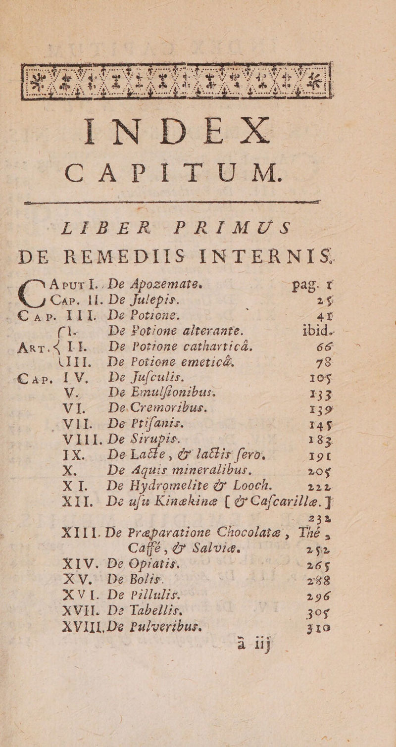 CACT -*.  A a ó ON. s SON LS ie : Ts WAS Cu faa € às , An - ps qvia m IM E II p INDEX CQ AP IJI 0M. LTBERCPRIMUS DE REMEDIIS INTERNIS ( ^ Apur I.. De Apozemate. pag r Cap. If. De Julepis. 2$ «Car. IIL De Potione. : 4t Cle De Potione alteraate. ibid. Anr.4 LE. De Porzone catharticá. 66 (III. De Poiione emeticá. 728 « AP. I V. De Jufculis. 105 V. De Emulfionibus. 133 VI. JQDeCremoribus. 139 -—NIL. De Ptifanis. 14$ V ILI. De Sirupis. 185 IX. DeLade,ér lactis fevo. 191 X De Aquis mineralibus. 20$ XL De Hydromelite &amp;* Looch. 221 XII. De ufu Kinehine [ é&amp;v Cafcarille.] 22312 XIII. De Praparatione Chocolate , Thé , Caffé , d» Salvia. 2$2 XIV. De Op:atis. 265 XV. De Bolis. z88 XVI. De Plus. | 296 XVII. De Tabellis. 39$ XVIIL De Pulveribus. 310 à iij