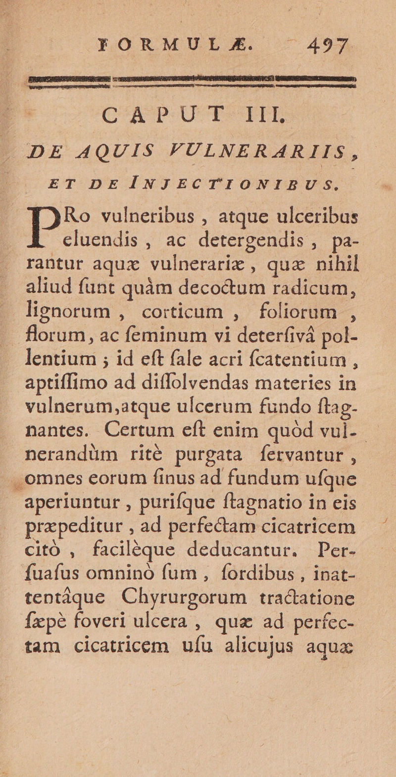 CM POUUCESTEE DE AQUIS VULNERARIIS, ET DE INJECTIONIBU S. Ro vulneribus , atque ulceribus . eluendis, ac detergendis , pa- rantur aqux vulnerari , qua nihil aliud funt quàm decoctum radicum, lienorum , corticum , foliorum , florum, ac feminum vi deterfivá pol- lentium ; id eft fale acri fcatentium , aptiffimo ad diffolvendas materies in vulnerum,atque ulcerum fundo ftag- nantes. Certum eft enim quód vul- nerandüm rité purgata fervantur , . omnes eorum finus ad fundum ufque aperiuntur , purifque ftagnatio in eis prapeditur , ad perfectam cicatricem citó , faciléque deducantur. Per- fuafus omnino fum , fordibus , inat- tentáque Chyrurgorum tra&amp;atione fxpe foveri ulcera , quz ad perfec- tam cicatricem ufu alicujus aqua