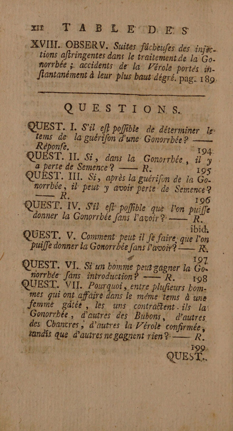 xt TABLE DES ZAVIIT. OBSERV. Suites Jächeufes des injac. tions afiringentes dans le traitement de ln Go. morrbée ;. accidents de la Vérole portés iñ- fantanément à leur plus baux dégré, pag: 180. QUESTIONS. QUEST. I. S’i eff pofibie de déterminer le tems de la guérifon d'une Gonorrbée? —— Réponfe. ” | ro94: QUEST. II. SZ, dans la Gonorrbée, il y . ‘| &amp; perte de Semence? —— R. 195 QUEST. IIL. Si, après la guérifon de la Go- norrbée, il peut y avoir perle de Semence? mneroue DE à 196 QUEST. IV. Si eff poffible que l'on puiffe sas la Gonorrbée fans l'avoir ? —— Fey | CR LA | ibid, OUEST. V. Comment: peut il fe faire: que l'on P q Puiffe donner la Gonorrbée fans l'avoir? = R. D 4 197 QUEST. VI. Si un homme peut gagner la Go- norrbée [ans introduction? = R. 198 QUEST. VII. Pourquoi, entre plufieurs bom- mes qui ont affaire dans le méme tems à une Jemmé gdtéé, les uns contraëtent. ils la: * Gonorrbée, d'autres des Bubons d'autres des Chantres, d'autres la Vérolè confirmée, . dandis que d'autres ne gagnent rien 2 R.
