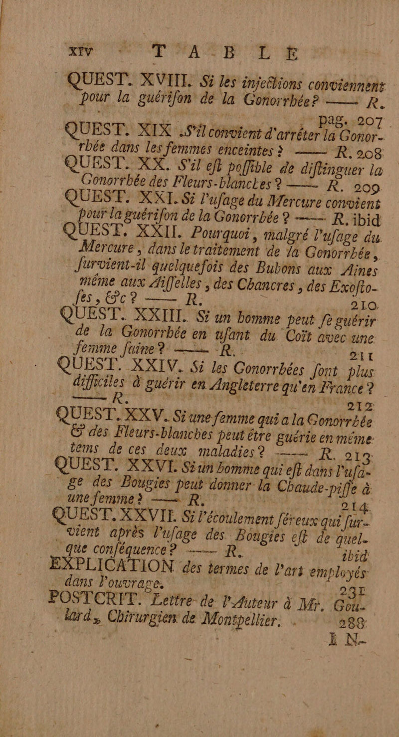 x EC TANE TE _ QUEST. XVIII. Si Zes injeétions conviennens pour la guérifen de la Gonorrhée? —— R. dk Le CN J'PAS:207 | QUEST. XIX .5% convient d'arrêter la Conor. rbée dans les femmes enceintes à -—— R. 008 | QUEST. XX. S': eft poffible de diféinguer la Gonorrbée des Fleurs-blanctkes ? 2. R. 209 QUESTF. XXI. 6 l'ufage du Mercure convient _ Dour la guérion de la Gonorrbée ? ——— R. ibid QUEST. XXII. Pourquoi, malgré l'ufage du Mercure, dans le traîtement de Ja Gonorrhée, Jurvient-il quelquefois des Bubons aux Aines même aux Aiffelles | des Chancres , des Exofio- ES, CC? — R.. Lee BLOC QUEST. XXII. S un bomme peut fe guérir de la Gonorrbée en ufant du Coït avec une … Jemme Jaine? 2 R.. PE TARLT QUEST. XXIV. Si es Gonorrbées Jont plus difficiles à guérir en Angleterre qu'en France? osent. e bébé rit | 1 DE QUEST. XXV. Si une femme qui a la Gonorrbée © des Fleurs-blanches peut étre £ucrie en même lens de ces deux maladies? —— R. 219 QUEST. XXVL. Sin homme qui eft dans l'ufa- ge des Bougies peut donner la Chaude-piffe à UNE femme} — R, bles 74 QUEST. XX VIE. S l'écoulement Jéreux qui fur. . vient après l’ufage des Bougies et de quel. ‘que conféquence? -——— R bi EXPLICATION des . dans louvrage. QE POSTCRIT. Leïfre de l'Auteur à Mr, Gén. lard, Chirurgien de Montpellier. ogg Fee , tbid termes de l’art employés: ——