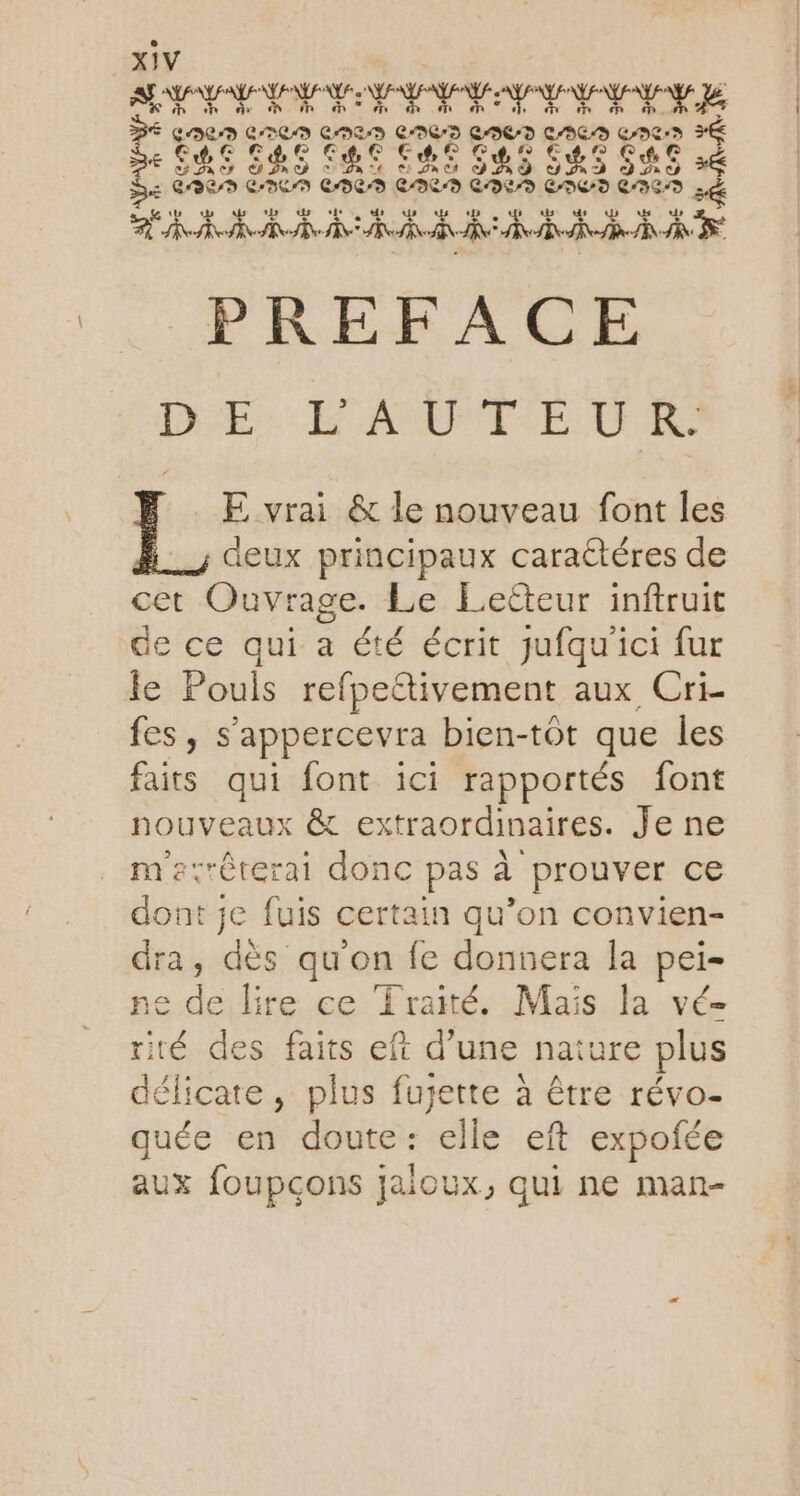 ré ré É P 6 per? D CCD CPC e LI SRS SAS #6 BC CCS LAS à EE CACS CIC . ts RARE N° FAR RARE RARE PREFACE DE L'AUTEUR. CSRSdSsessc. Bon 5e; DC ë. ES 16 ei 5525 &gt; 199 fn à 29 5 E vrai &amp; le nouveau font les deux principaux caraétéres de cet Ouvrage. Le Lecteur inftruit de ce qui a été écrit jufqu'ici fur le Pouls refpettivement aux Cri- fes, s'appercevra bien-tôt que les faits qui font ici rapportés font nouveaux &amp; extraordinaires. Je ne m 8: réteral donc pas à prouver œ dont je fuis certain qu’on convien- sg dés qu'on fe donnera la pei- e de lire ce Traité. Mais la vé- cé des faits eft d’une nature plus dé ‘licate , plus fujette à être révo- quée en doute: elle eft expofée aux foupcçons jaioux, qui ne man-