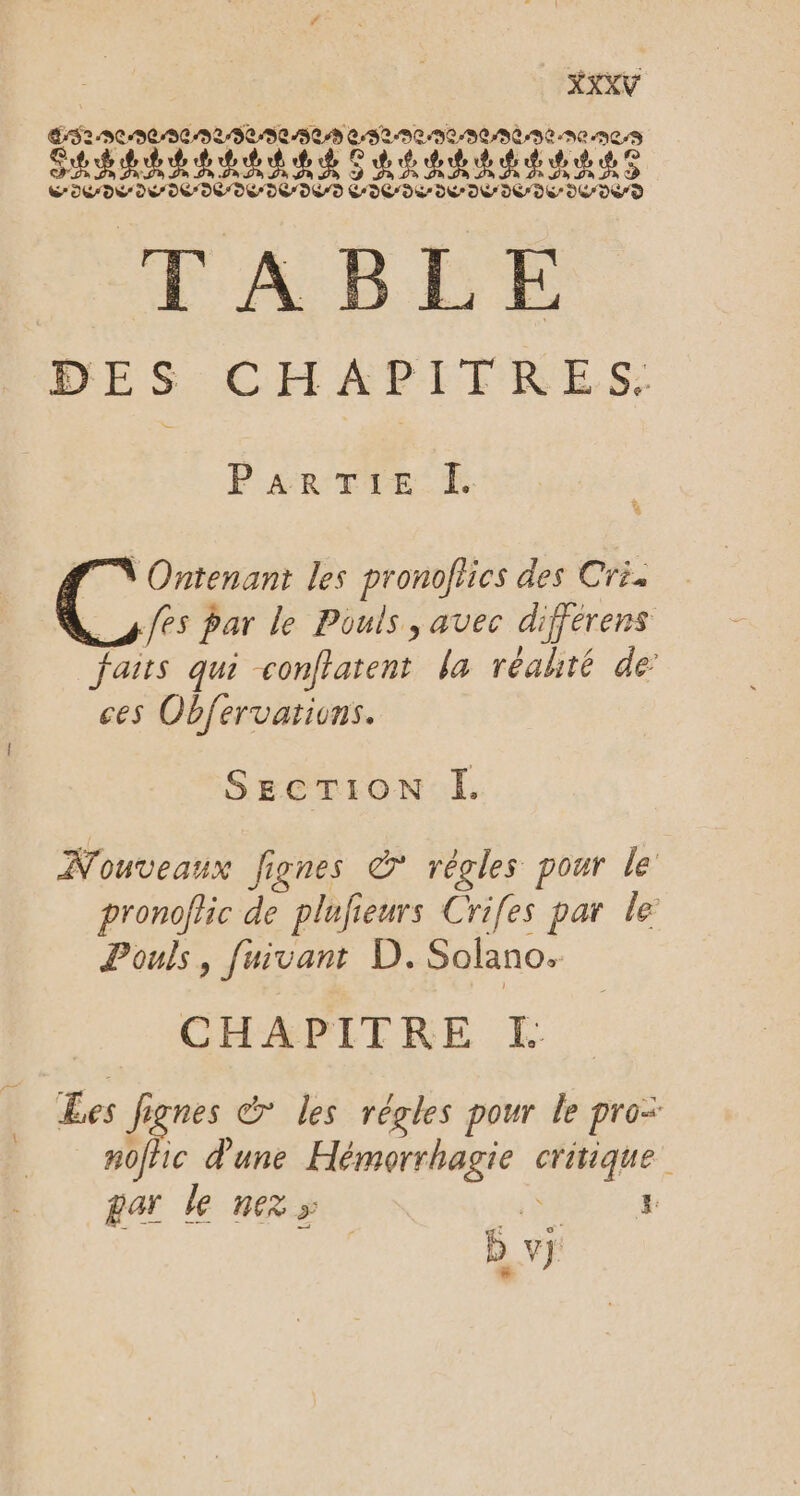 FC/0/92/90/S 525 CSP Lire fa ae TT, Fr B L E DES: CH APITRE.S: ParTie Î. Ontenant les promnies des Cris fes par le Pouls, avec différens faits qui etai la réalité de: ces Obfervarins. SECTION I. Nouveaux fignes &amp;* régles pour le pronoffic de plufieurs Crifes par le Pouls, fuivant D. Solano. CHAPITRE I Les Jignes &amp; les régles pour le pro= noflic d'une Er, Are gar le ner e E | b si