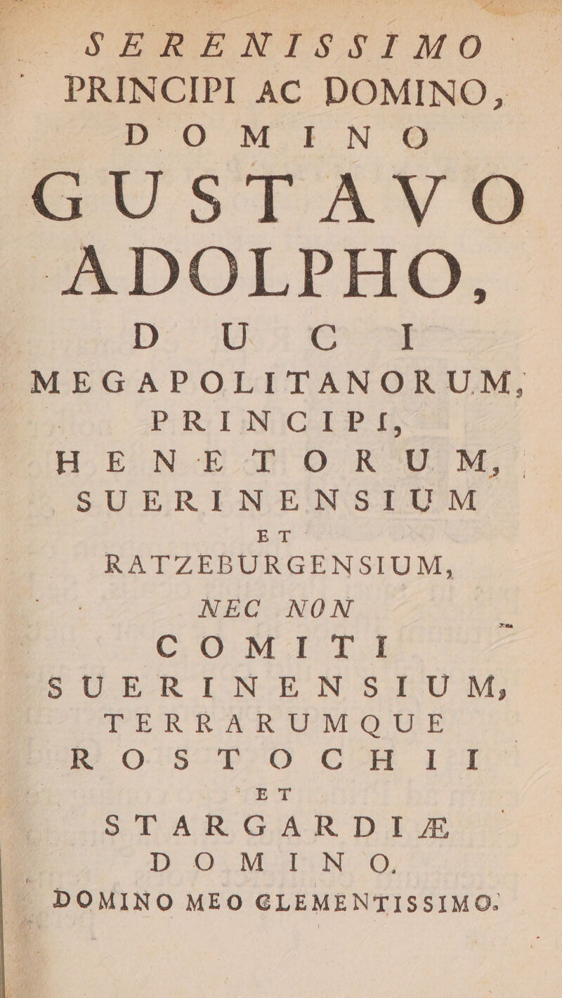 | SERENISSIMO PRINCIPI AC DOMINO, D O MOPN OM GUSTAVO D U E I MEGAPOLITANORUM, P-RGIGMOCHEP B H.E N-E X0 R^2^ULM;' SUERINENSIUM Br RATZEBURGENSIUM, NEC NON CO M.I T.I DUERINEN SIUS, TERRARUMQUE Poscp20 CO Ij Ge eu &amp;TATXGARDIG | D O:MOTUN. O, |. DOMINO MEO GLEMENTISSIMO: