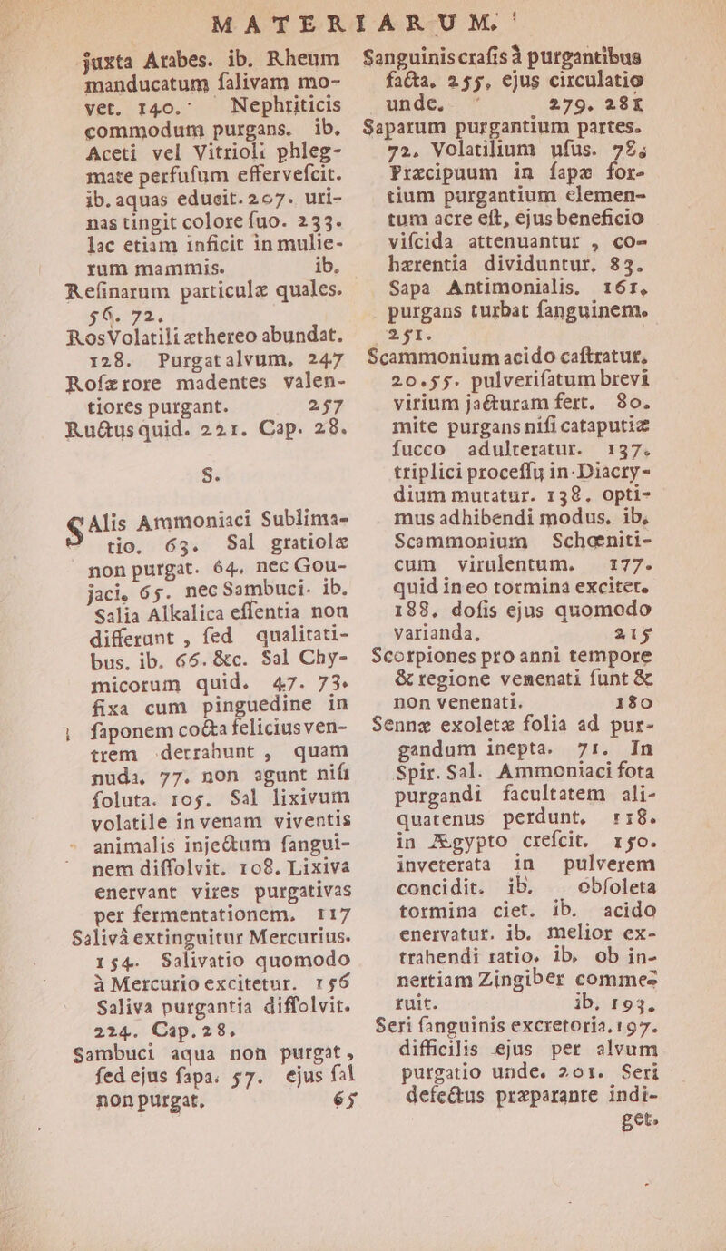 juxta Arabes. ib. Rheum manducatum falivam mo- vet. I40. — Nephriticis commodum purgans. ib. Aceti vel Vitrioli phleg- mate perfufum effervefcit. ib.aquas educit. 207. uri- nas tingit colore fuo. 233. lac etiam inficit in mulie- rum mammis. ib. Refinarum particulz quales. $6. 72. fxosVolatili zthereo abundat. 128. Purgatalvum. 247 Rofzrore madentes valen- tiores purgant. 257 RuGusquid. 221. Cap. 28. S. S Alis Ammoniaci Sublima- J tio, 63. Sal gratiol&amp; non purgat. 64. nec Gou- jaci, 65. necSambuci. ib. Salia Alkalica effentia non differant , fed qualitati- bus. ib. 66. &amp;c. Sal Chy- micorum quid. 47. 73. fixa cum pinguedine in | faponem co&amp;afeliciusven- trem derrahunt , quam nuda, 77. non agunt nifi foluta. 10$. Sal lixivum volatile in venam viventis animalis injedum fangui- nem diffolvit. 108. Lixiva enervant vires purgativas per fermentationem, 117 Salivá extinguitur Mercurius. 154. Salivatio quomodo à Mercurio excitetur. r$6 Saliva purgantia diffolvit. 224. Cap.28. Sambuci aqua non purgat, fed ejus fapa. 57. ejus fal non purgat, 65 Sanguinis crafis à purgantibus fa&amp;ta, 255, ejus circulatio unde, 279. 28EX Saparum purgantium partes. 72, Volatilium ufus. 72; Prxcipaum in fapz for- tium purgantium elemen- tum acre eft, ejus beneficio vifcida attenuantur , co- harentia dividuntur, 83. Sapa Antimonialis. 1617. purgans turbat fanguinem. $ fI. Scammonium acido caftratur, 20.55. pulverifatum brevi virium jacturam fert, 80. mite purgans nifi cataputiz Íucco adulteratur. 1537. triplici proceffu in-Diacry- dium mutatur. 138. opti- mus adhibendi modus. ib, Scommonium — Schaniti- cum virulentum. — 177. quid ineo torminà excitet. 188. dofis ejus quomodo varianda, 215 Scorpiones pro anni tempore &amp; regione venenati funt &amp; non venenati. 180 Sennz exoletz folia ad pur- gandum inepta. 71:. In Spir. Sal. Ammoniaci fota purgandi facultatem ali- quatenus perdunt, :18. in Z&amp;gypto crefcit. ryo. inveterata in pulverem concidit. ib. ^ obfoleta tormina ciet. ib. acido enervatur. ib. melior ex- trahendi ratio. ib, ob in- nertiam Zingiber commez ruit. ib; £93, Seri fanguinis excretoria.197. difficilis ejus per alvum purgatio unde. 201. Seri defectus przparante indi- get.
