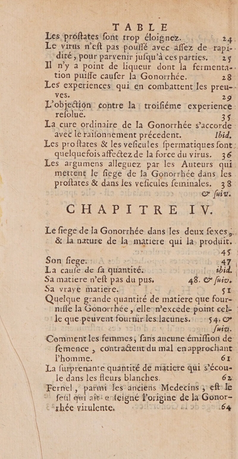 ANA:B:E ÆE Les proftates font trop éloignez. . 24. Le virus n’eft pas pouflé avec affez de rapi-. dité, pour parvenir jufqu’à cesparties. 25 Il n’y a point de liqueur dont la fermenta-. tion puiffe caufer la Gonorrhée. 28 Les experiences qui en combattent les preu-. ves. | 29 L'objection contre la : troifiéme experience : refolue. La cure ordinaire de la Gonorrhée s’accorde avec lé ratfonnement précedent. Ibid. Les proftates &amp; les veficules fpermatiques font: quelquefois affectez de la force du virus. 36 Les argumens alleguez nar les Auteurs qui. mettent le fiege de la Gonorrhée dans les proftates &amp; dans les veficules feminales. 38 | Es | € fuiu. CE AOPET UT R LAN Le fiege de la Gonorrhée dans les deux fexes,. &amp; la nature de la matiere qui la, produit. 45.) Son fiege: : : 47 La caufe de fa quantité: Hpilox#bid | Sa matiere n’eft pas du pus, 48. € fuiv. Sa vraye matiere. { fi St Quelque grande quantité de matiere que four- nifle la Gonorrhée , elle-n'excède:point cel- | le que-peuvent fournirles-lacunes.: -:54; &amp; es she QU Sie Comment les femmes; fans aucune émifion de: femence , contraétent du mal enapprochant l’homme. es COST GE La furprenante quantité de matiere qui s’écou- le dans les fleurs blanches. 62: Fernel , parmi les anciens Medecins ; eft le feul qui aft: erfçigné Porigine de la Gonor- :rhée virulente, lrichoc si s 64