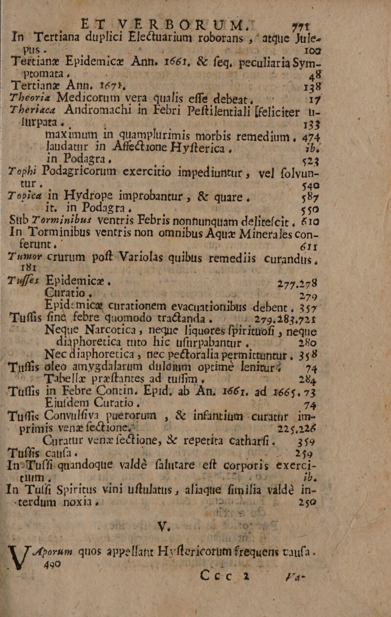 T4 ERBOR U M | 7t In Tertiana dodbel Elecisarium roborans ,'atque Jule- Vus «^ Mito i Teitiane Epidemice Aon. 1661, &amp; is. geculiaciaSym- tomata à 48 Tertiane Ànn. 1671, «^38 Theoria Medicorum vera qualis effe NUN t? 17 Theriaca. Audromachi in Febri Peftilentiali [feliciter u- maximum in quamplurimis morbis remedium , 474 laudatur in Affectione H yfterica , ibo in Podagra. «23 Tophi Podagricorum exercitio impediuntur , vel ENS tür. nba Topica in Hydrope improbantur ; &amp; quare , $87 it. in Podagra yt $50 Stb T'orminibus ventris Febris nonhunquam delitefcit , 610 In Torminibus ventris non omnibus Aqu: Minerales con- ferunt , ' 61I Tn crurum poft Variolas quibus remediis curandis , INI Tuffés Epidemice. - (0 75.578 Curatio ,: 279 Epid«miceg curationem evacuationibus debent , 357 Tufüis fi né febre quomodo tractanda. ^ ^; 279.281,721 | Neque Narcotica, neqne liquores fpirittiofi , neque diàphoretica tuto hic ufürpabantur « 280 Nec diaphoretica , nec pectoralia permittuntur , 368 Tuff $ I. amygdalarum dulóim optime leniur? ^ 74 lle przftantes ad tuifim , | 284 Tuffis in Febre Con:rin. Epid; ab An; 1661, ad 1664. 73 | jiufdem Curatio , 74 Tuffis Conwulfiva puérorum , &amp; infantigm -curatüt ime primis venz fectionez | 224,226 Curatur ven fe&amp;tione, X repetita catharfi ANS TA 'Tuífis: cana. L5 3o InvTuffi quandoque valdé falutare 'eft corporis iy s eium, In Tutfi Spiritus vini uftulatus , ifiaque f imilia vilde in- ae u  B Noui i. Boote tet 85 —À NA quos appe ne Hy flericorum frequens caufa. 490 d