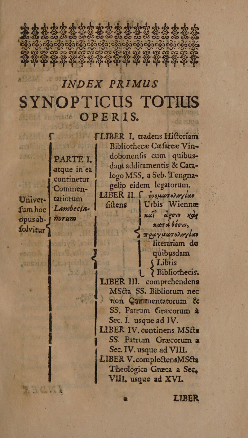 SXNOFPIICUS TENE OPE R1S. rà de M i LIBER I, tradens Hilloram An Bibliothece Cafarez Vins. DARTR dobonenfis cum | quibus- PARTE  dapi additamentis &amp; Cata- atque in ea coluere | logo MSS, a Seb. Tengna- Commen-- gelip eidem legatorum. LIBER IL (£^ e»eueroAeyia» . Mug Urbis Wienne m T agro Xd 1 xaT fci, P ereaey trrohony lay d . literariam. de Over. tariorum fum hoc Lambecia- epus «E orum faim] quibusdam jtm oiiodiecis LIBER n. Rev MS&amp;a SS, Bibliorum nec / on Quimmentatorum &amp; SS. Patrum. Grecorum à Sec. I. usque ad IV. LIBER IV. continens MScta i SS. Patrum. Grecorum a Sec. IV. usque ad VIII. LIBER V.complectensMSéta T-heologica Greca a Sec, VHI, usque ad XVI. Y LIBER DE Z5 de £e T amqrusucutames CMM taste mestMNS OU puma. WV -— es ET s