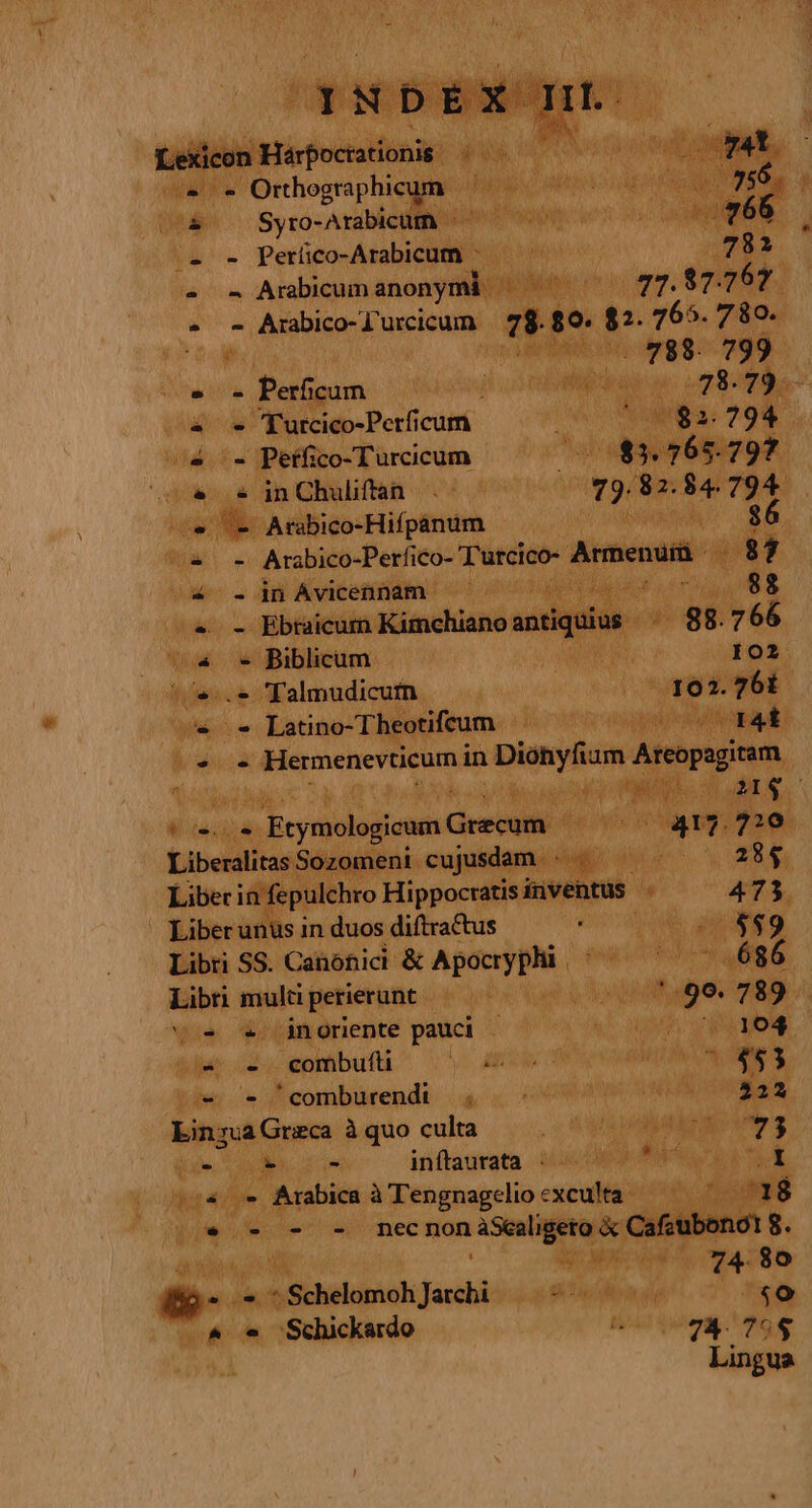 IN NDEX B Lexicon Hárpoctationis i P at - Orthographicum | | $6. &amp; Syro-Arabicum - | 766 ^2 - Períco-Arabicum - 782 « ^ Arabicum anonymi. 77.87.76? - - Arabico-Iurcicum | 7$.80. 8?. 265. 780. . 788. 799 e» Perficum 78.79 a Turcico-Perficum |00$2.794 4a - Petfico-Turcicum 00$3.765.797 &amp; « inChuliftan | . 79.82.84. 794 « - Atabico-Hifpánum $6 2 - Arabico-Perfico- T'urcico- Armenu $7 4 - in Ávicennam f 88 . - Ebtaicum Kimchianoantiquius ^ 88.766 4 * PBiblicum 102 »..» Talmudicutn 102. 76i -» Latino-Theotifeum 14t Tl; Hermenevticum in Dionyfium Areopagitam re. €. Etymologicum Greca 417.220 Liberalitas Sozomeni cujusdam 294 Liber in fe pulchro Hippocratis inventus 473 Liber unus in duos diftra&amp;tus ; — $$9 Libri SS. Canonici &amp; Apocryphii 686 Libri mula perierunt. — '.90. 789 - * jnoriente pauci ho ly$164 M odo eomibuli ^ (vo Aw 1g - - 'comburendi . - 2221 Lingua Greca à quo culta i4 ; ERU. NM inflaurata -  4 » Arabica à Tengnagelio exculta 1 á « - - - necnon AScaligeto &amp; Cafcubonot 8. | 74 80 i-o Schelomoh Jarchi - $o