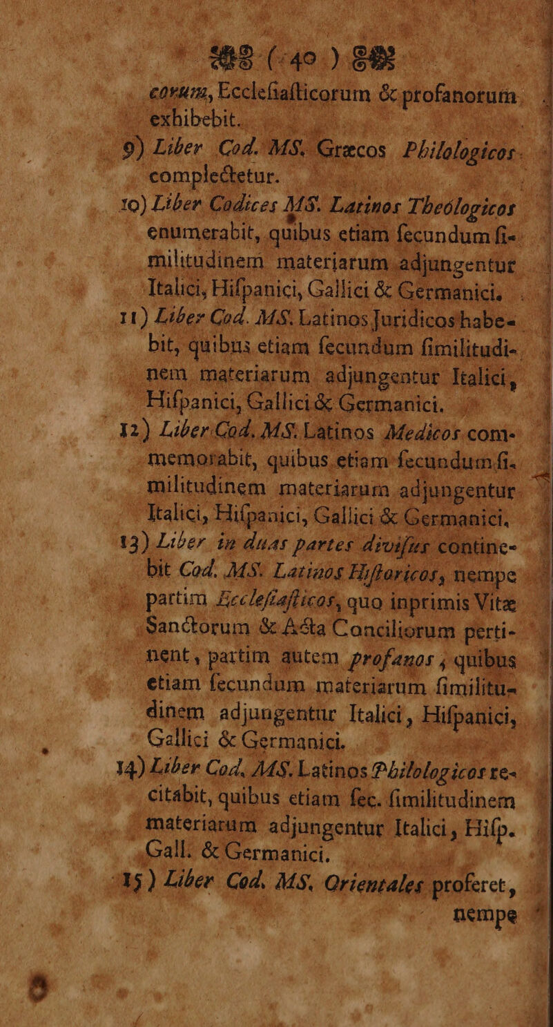 - exhibebit. | 'compledetur. x. dia Italici, Hifpanici, Gallici &amp; Germanici, | - Hifpanici, Gallici &amp; Germanici. i 12) Liber.Cod. MS. Latinos Medicos. com- 13) Liber. in duas partes divifies continc- cg partim JFeclefr Z4flicaf, quo inprimis Vitae fent, partim autem profanos , quibus etiam fecundum materiarum fimilitu- Gallici &amp; Germanici. citabit, quibus. etiam fec. fimilitudinem | fnateriaram adjungentur. Italici , Hifp. . Gall. &amp; Germanici. bis E 5) Liber eu MS. a E DS. » ds i DIS PP » b I disc École e ded im en a cd * A^ A» ER