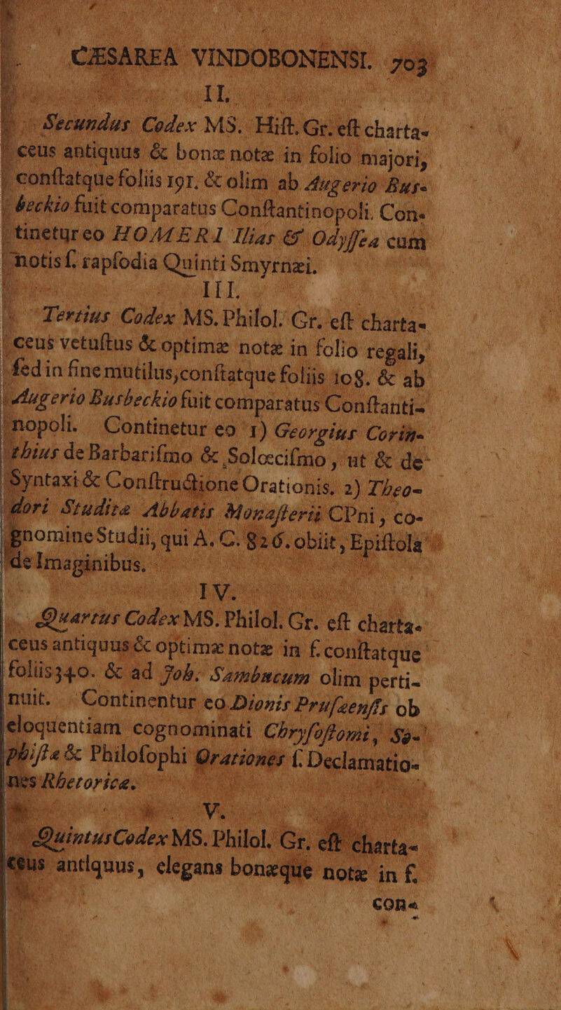 Op ono | tinetur eo HOMER Ilias € Odyffea cam ''notisf. rapfodia cvi d T V Tertius Codex MS.Philol; Cr. eft charta- | ceus vetuítus &amp; optimae note in folio regali, fedin finemutilus ;conftatque foliis 1c8. &amp; ab wdugerio Busbeckio fuit comparatus Conftanti- nopoli Continetur eo. I) Georgiter. Corin. Syntaxi &amp; Conftru&amp;ione Orationis, 2) Theo- iori Studite Abbati Monafferii CPni co- delmaginibus- ^. ies | Quarrur Codex MS. Philol. Gr. eft charta. foli 349. &amp; ad Job. Sambscum olim perti- (nuit... Continentur eo.Dionir Prufzenffr ob phifla &amp; Philofophi Qrariones f. Declamatio- OMEN RM ün &amp; E