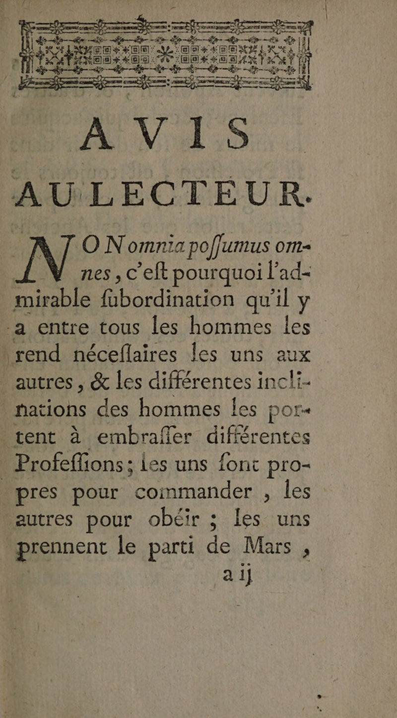 sfr Dore ms RÉ Té se) LT RS POROnN. + 6, à 4 è : A ea pneu) É à vV IS AULECTEUR. ON omnia pofjumus om nes , c'eft pourquoi l’ad- mirable ho on qu'il y a entre tous les hommes les pos néceflaires les uns aux . autres, & les différentes incli- nations des hommes les por« tent à embrañer différentes . Profeffions; les uns font pro- pres pour commander , les autres pour obéir ; les uns prennent le parti de Mars , a ij