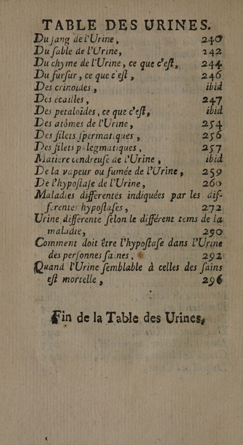 TABLE DES URINES: Du jang del'Urine, 249 Du fable de lUrine, 242 Du chyme de l'Urine, ce que c’efl,, 244 Du furfur , ce que c'eft, 246: Des crinoides , ibid Des écailles, 247 Des petaloides , ce que c’efF, ibid Des arômes de l'Urine, 25 Des filers fpermatiques , ‘te Des filets p: legmatiques, HR ET DMiatiere cendreufe de PUrine, ibid De la vapeur ou fumée de lUrine, 259 De Phypojtafe de l'Urine, 260 Maladies différentes indiquées par les dif- fcrentes hypoftafes , Of Urine différente [elon le différen tems de La: maladie, k NME NE 290% Comment doit être l’hypoftafe dans lUrine des perfonnes faines , @ 1| 20 ET Quand l'Urine femblable à celles des fains . ef mortelle, 296 Fin de la Table des Urines,