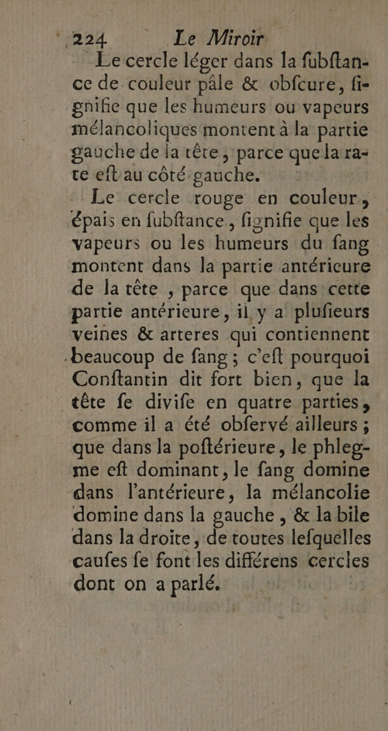 ‘éno4 «7 EeNViron Le cercle léger dans la fubftan- ce de couleur pâle &amp; obfcure, fi- gnifie que les humeurs ou vapeurs mélancoliques montent à la partie gauche de la tête, parce quela ra- te eftau côté gauche. Le cercle rouge en couleur, épais en fubftance, fignifie que les vapeurs ou les humeurs du fang montent dans la partie antéricure de la tête , parce que dans cette partie antérieure, il, y a plufieurs veines &amp; arteres qui contiennent beaucoup de fang ; c’eft pourquoi Conftantin dit fort bien, que la tête fe divife en quatre parties, comme il a été obfervé ailleurs ; que dans la poftérieure, le phleg- me eft dominant, le fang domine dans l’antérieure, la mélancolie domine dans la gauche , &amp; la bile dans la droite, de toutes lefquélles caufes fe font les différens cercles dont on a parlé.