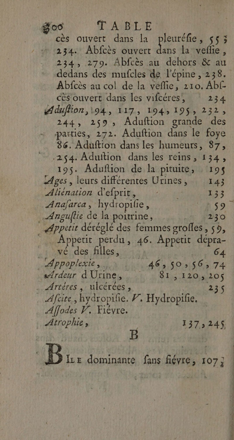 goo FABLE cès ouvert dans la pleurefie, 553 234. Abfcès ouvert dans la vefhe, 234, 279. Abfcès au dehors &amp; au dedans des mufcles de l’épine , 238. Abfcès au col de la vefie, 210. Abf- cès ouvert dans les vifcéres', 234 #duffon,\94, 117, 194,195, 232, 244, 259, Aduftion grande des parties, 272. Aduftion dans le foye 86. Aduüftion dans les humeurs, 87, .2$4. Aduition dans les reins, 134, 195. Aduflion de la pituite, 195 Ages , leurs différentes Urines, 143 Aliénation d'efprit, : 133 Ana/farca, hydropilie, AR S9 Ænguflie de la potrine, lé #20 Appetit déréglé des femmes grofles, 59, __… Appetit perdu, 46. Appetit dépra- G .: .vé des filles, ù 4 _ Appoplexie, . 46 SOS 63 74 srdeur dUrine, . : 81,120,20$ Artéres , ulcérées , Fi .…Afcire, hydropifie, F. Hydropifie, Affodes V, Fièvre. Atroplue , 1373245 B | B Ize dominante fans fiévre, 107; !