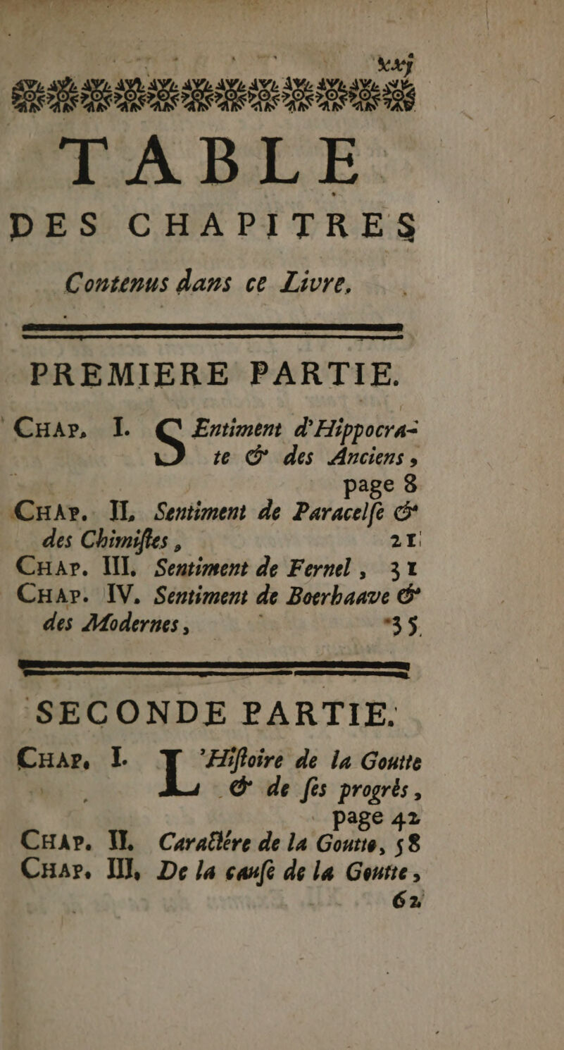 TABLE DES CHAPITRES Contenus dans ce Livre. PREMIERE PARTIE. Cuar, I. ent d’ Hippocra= te ® des Anciens, | page 8 Cuar.. IL Sentiment de Paracelfe &amp;* des Chimifles , 21 CHar. NI, Sentiment de Fernel, 31 CHap. IV, Sentiment de Bocrhaave des Modernes, 35. SECONDE PARTIE. Cuar, I à Me om: de la Gontre a. © de fes progrés, page 42 CHar. IL Caradlére de la Goutte, 58 CHar, JU, De la caufe de la Goutte, 62