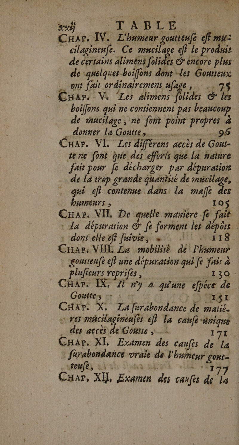 x AM ce RP Car. IV. L'humenr goutteufe eff mu: | cilagineufe. Ce HS eff Le produit de certains alimens [olides G' éncore plus de quelques boiffons dont les Gontteux ont fait ordinairement ufage, : .7$ - Cuar, VW, ‘Les alimens folides © les boiffons qui ne contiennent pas beaucoup de mucilage, ne font point propres à _ donmer la Goutte, 9 Cuar. VL Les différens accès de Gour- tene font que des efforts que la nature fait pour [e décharger par dépuration de La trop grande quantité de de | qui et contenue dans: la malle des buineurs , 10$ Cuav. VIL De quelle manière fe fait : da dépuration © fe forment les dépôts : dont elle eff fuivie, «| 118 CHar: VIEL La mobilié de! l'humeur … goutieuf6 ef} une dépuration qui fe fair à plufieurs reprifts, 43 Char. IX, 2! #7 à qu'une efpéce de Gouttes -: : CS ARE CHar. X. La furabondance de marie. © res mäcilaginenfes ef? Ta cahfeanique des acces de Gouite » 171, CHar. XI. Examen des Caufes de La farabondance vraie de l'humeur gout- _\teufe, Ne (à CHap, XIJ, Examen des Caufes Àe a