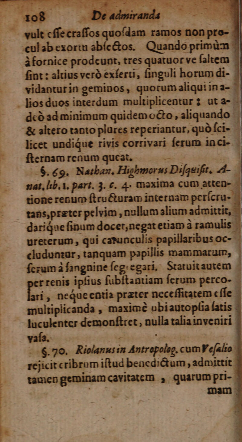 - P DAI culabexortu abíe&amp;os. Quando primi | fornice prodeunt, tres quatuor ve faltem | fint : altius veró exferti, finguli horum di- | vidanturin geminos, quorumaliquiina- | deó ad minimum quidem o&amp;o , aliquando - j -&amp; altero tanto plures reperiantur, quo fci- | licet undique rivis corrivari ferum inci- | fternam renum queat. -$.€9. Natbaz, Higbmorus Difquift, 24-— nat, lib. V. part. 3. €. 4. maxima cum atten- — tione renum ftru&amp;uram internam perícru- tanspreter pelvim , nullum alium admittit, ureterum , qui caNunculis papillaribusoc- | cludunzar, tanquam papillis mammaram, | ferum áfangnineíeg.egari, Srotuitautem — per renis ipfius fubftantiam Íerum perco- — lari, neque entia prater neceffitatem cffe multiplicanda , maximé obiautoplia fatis | -laculenter demonftcet , nulla talia inveniri -.6.70. Riolanusin Antrepoleg, cumVe[alto. rejicit cribrum iftud benedi &amp;um , admittit tamen geminam cavitatem , quarum pri- - -