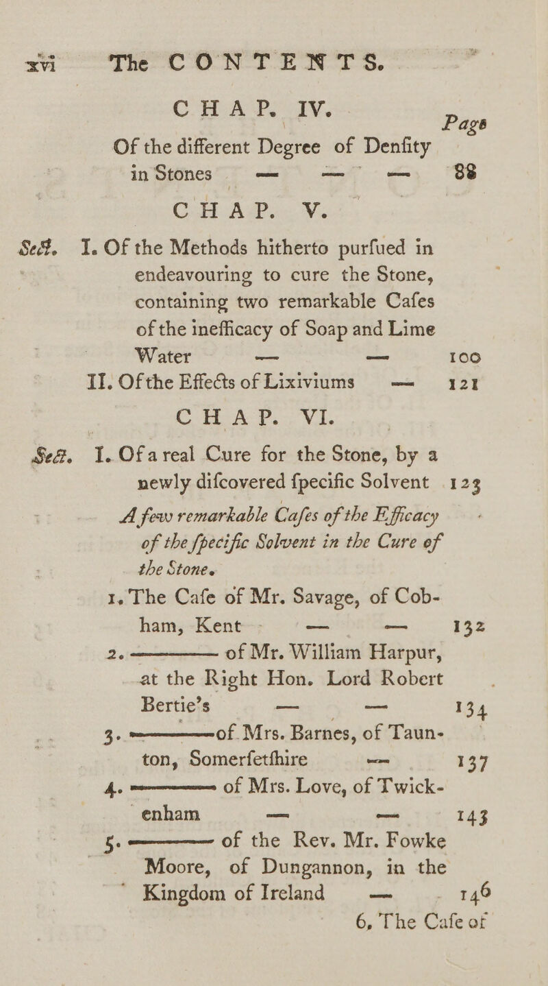 CPA YT. JY. Page Of the different Degree of Denfity inStones — |) OS CH A®o. ¥. ia I. Of the Methods hitherto purfued in endeavouring to cure the Stone, containing two remarkable Cafes of the inefficacy of Soap and Lime Water —_— — 100 II. Of the Effects of Lixiviums — 121 CTA P.. VI. Sef, I.Ofareal Cure for the Stone, by a newly difcovered fpecific Solvent 123 A few remarkable Cafes of the Efficacy of the fpecific Solvent in the Cure of the Stone. 1. The Cafe of Mr. Savage, of Cob- ham, Kent - ~— ~~ 132 2. ————— of Mr. William Harpur, at the Right Hon. Lord Robert Bertie’s — jo 134 3: of Mrs. Barnes, of Taun- ton, Somerfetthire wera 137 4 of Mrs. Love, of Twick- —enham — oon 143 5. of the Rev. Mr. Fowke Moore, of Dungannon, in the ’ Kingdom of Ireland — ~- 146 6, The Cafe of