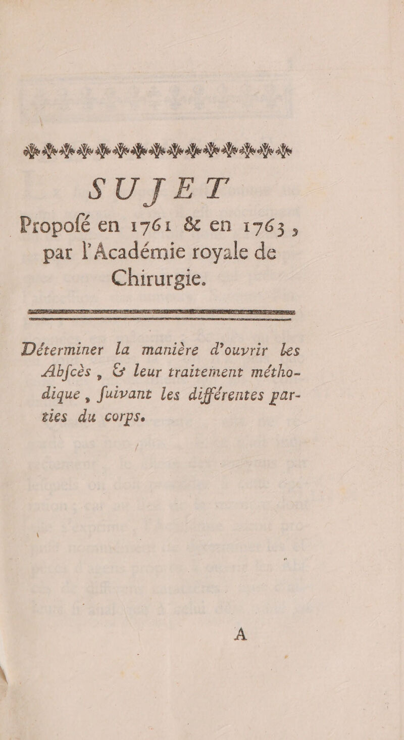 eV 2e ke aff 2e ae 2Ÿk 3 fe fee SUJET _Propolé en 1761 &amp; en 1763, par l'Académie royale de Chirurgie. Déterminer la manière d'ouvrir Les Abfcès , &amp; leur traitement métho- dique , fuivant les différentes par- ties du corps.