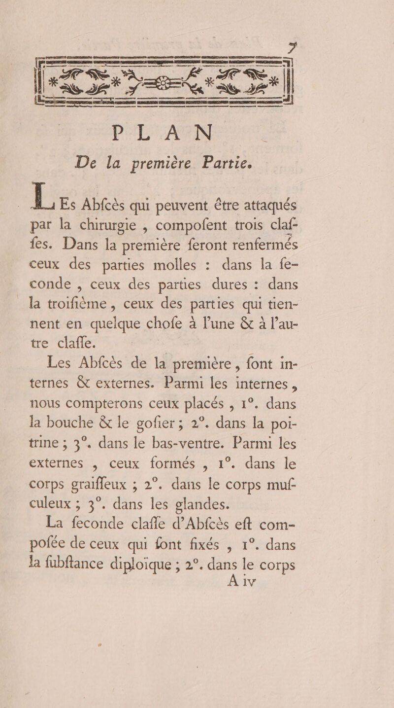 RS D AR es ee nee nr a PEL'UARN De la première Partie. | L Es Abfcès qui peuvent être attaqués par la chirurgie , compofent trois claf- fes. Dans la première feront renfermés ceux des parties molles : dans la fe- conde , ceux des parties dures : dans la troifième , ceux des parties qui tien- nent en quelque chofe à l’une & à l’au- tre clafe. Les Abfcès de la première, font in- ternes & externes. Parmi les internes, nous compterons ceux placés , 1°. dans la bouche & le gofier ; 2°. dans la poi- trine ; 3°. dans le bas-ventre. Parmi les externes , ceux formés , 1°. dans le corps graifleux ; 2°. dans le corps mu£ culeux ; 3°. dans les glandes. La feconde clafñle d’Abfcès eft com- pofée de ceux qui font fixés , 1°. dans la fubftance diploique ; 2°. dans le corps IV