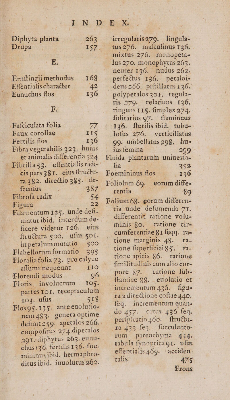 / Di phyta planta 1263 Drupa 157. Ernftingiimethodus — 168 — Effentialis chara&amp;er 42 . Eunuchus flos 136 E: .Fafciculata folia TR Faux corollae II!j Fertilis flos 136 -Kibra vegetabilis 323. huius et animalis differentia 324 ' Fibrillag3. effentialis radi- cispars581I. eius ftcuctu- 12382. dire&amp;tio 395. de- . fcenius 387 Fibrofa radix 54. Figura | 22 Filamentum 125. unde defi- niaturibid, interdum de- . -. ficere videtur 126. eius ftru&amp;ura 500. ufus 501. .inpetalummutatio — 500 Flabellorumformatio | 395 Fioraliafolia 73. pro calyce affumi nequeunt I1O Florendi modus 96 Floris, involucrum — IO5.. partes IoI. receptaculum , IO3. ufus 518 Flosg5.135. anteeuolutio- nem4g83. generaoptime definit 259. apetalos 266. . compofitus 274.dipetalos 301. diphytus 263. eunu- chus 136. fertilis 136. foe- mininus ibid. hermaphro- ditus ibid. inuolutus 262. irregularis279. lingula- tus276. mafculinus 136. . mixtus 276. monopeta- . lus 270. monophytus 263. neuter I36. nudus 262. perfe&amp;tus 136. petalot- . deus 366. pittillatus 136. polypetalos3or. regula- ris 279. relatiuus 136, ringens I 15. fimplex 274. folitarrus 97. — itamineus 136. flerilis ibid. tubu-: lofus 276. verticillatus. 99. urbellatus298. hu- jus femina 209 Fliuida plantarum uniuería- lia ; 352 Foemininus flos 136 Foliolum 69. | eorum diffe« renta $9 Folium 68. eorum differen- tia unde defumenda 7r. differentia ratione volu- minis'$o. ratione cir- cumferentiae 81Ííeqq. ra- tione marginis 48. ra- tione fuperficiel 85. — ra- tione apicis 86. ratione fimilitudinis cum alio cor- pore 87. ratione fub- ftantiae 98. euolutio et incrementum 436. figu- ra adire&amp;ione coftae 440. feq. incrementum quan- . do 457. ortus. 436 feq. perípiratio 460. — ftructu. ,ra 433 feq.. ' fucculento-- rum parenchyma 444. sabula fynopticagr. ufus eflentialis 469. 'acciden. talis 475 Frons